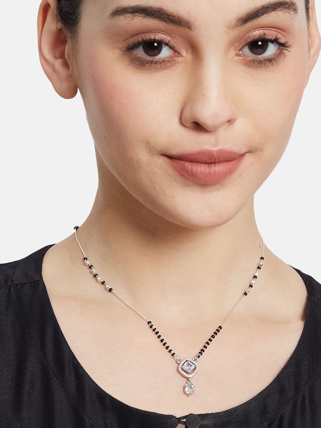 ATIBELLE Set Of 2 Silver-Plated Cubic Zirconia Studded & Beaded Mangalsutras thumbnail 5