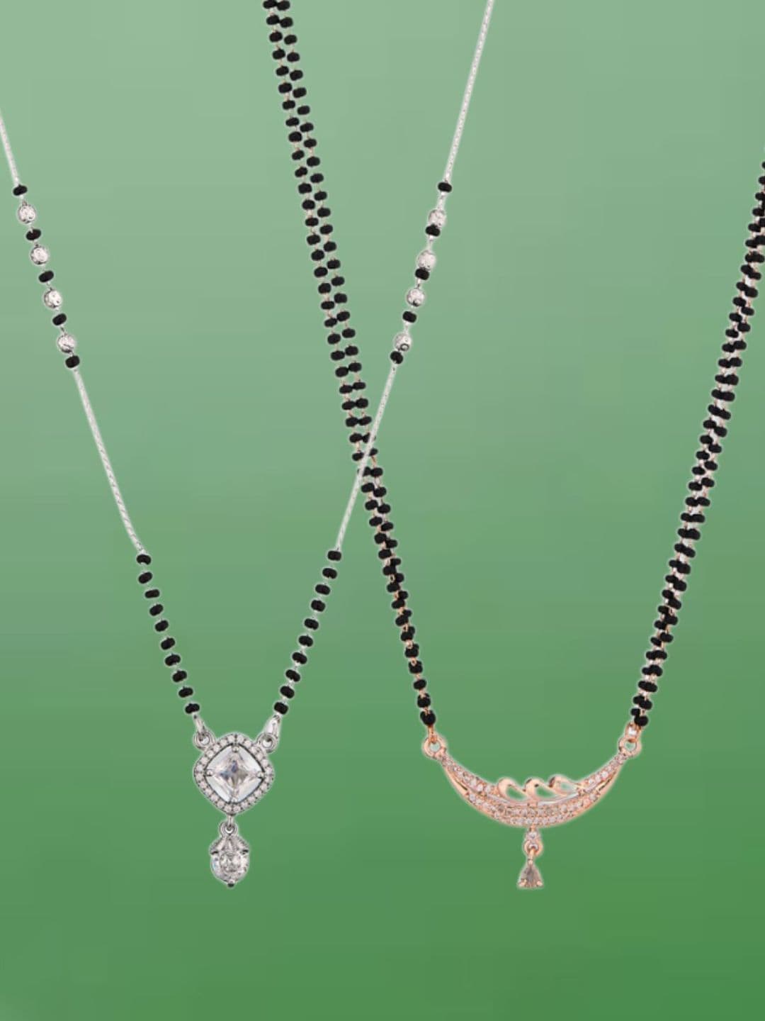 ATIBELLE Set Of 2 Silver-Plated Cubic Zirconia Studded & Beaded Mangalsutras