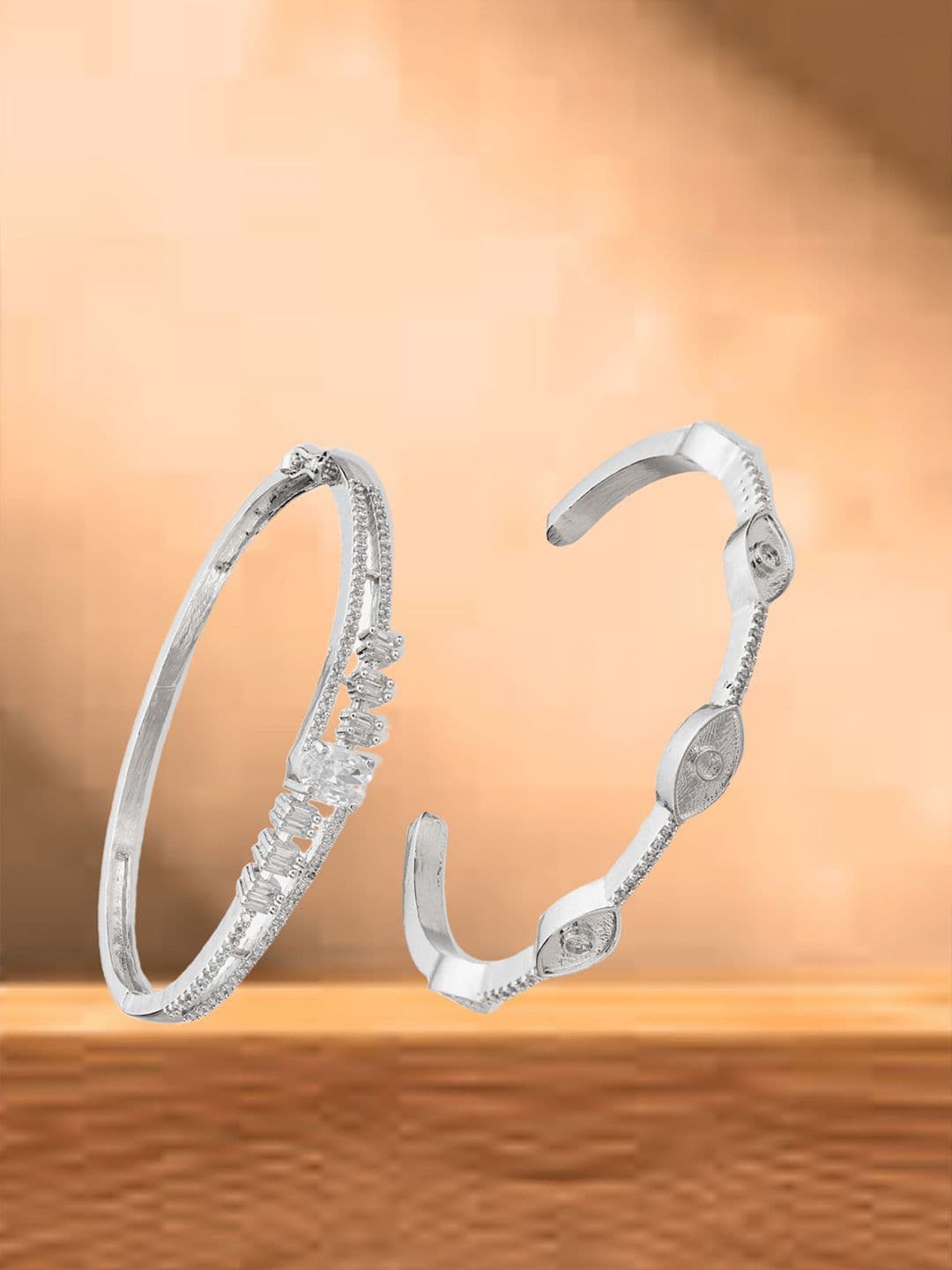 ATIBELLE Women 2 Brass Cubic Zirconia Silver-Plated Cuff Bracelet