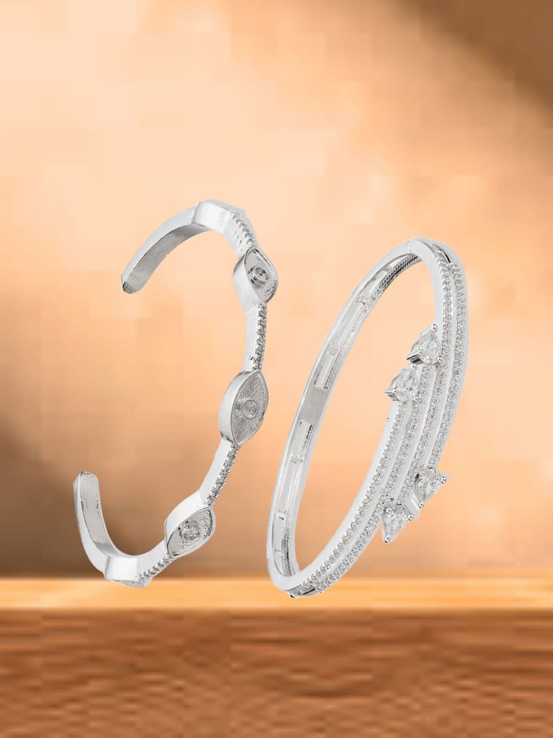 ATIBELLE Women 2 Brass Cubic Zirconia Silver-Plated Cuff Bracelet