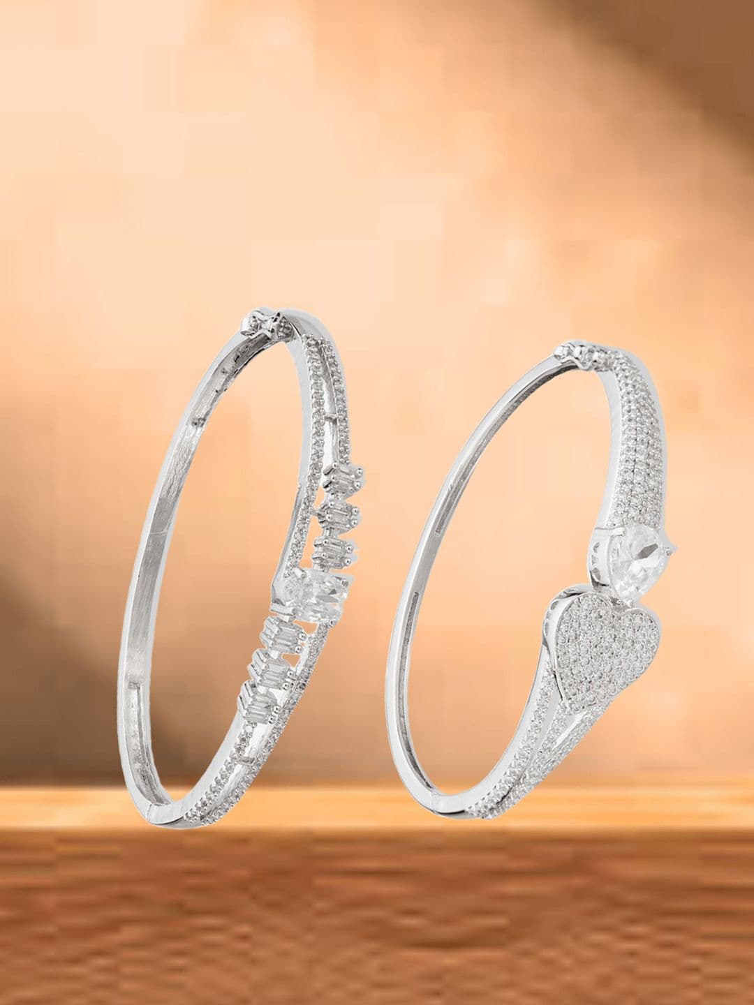 ATIBELLE Women 2 Brass Cubic Zirconia Silver-Plated Cuff Bracelet