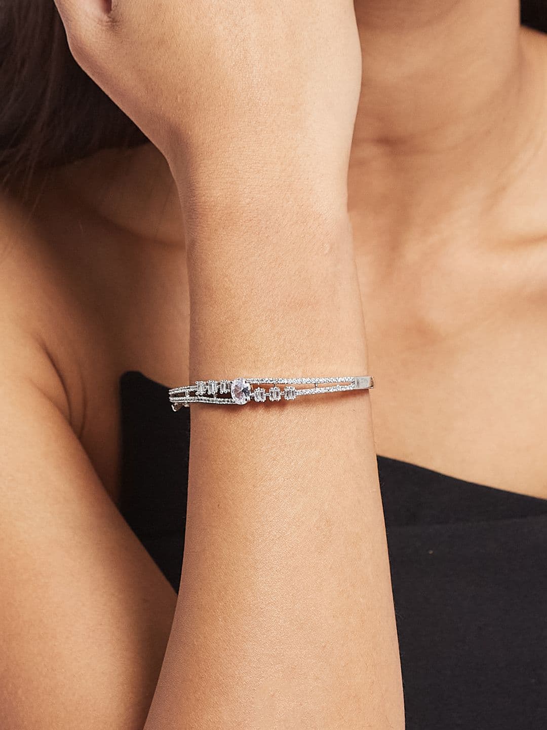 ATIBELLE Women 2 Brass Cubic Zirconia Silver-Plated Bangle-Style Bracelet thumbnail 7