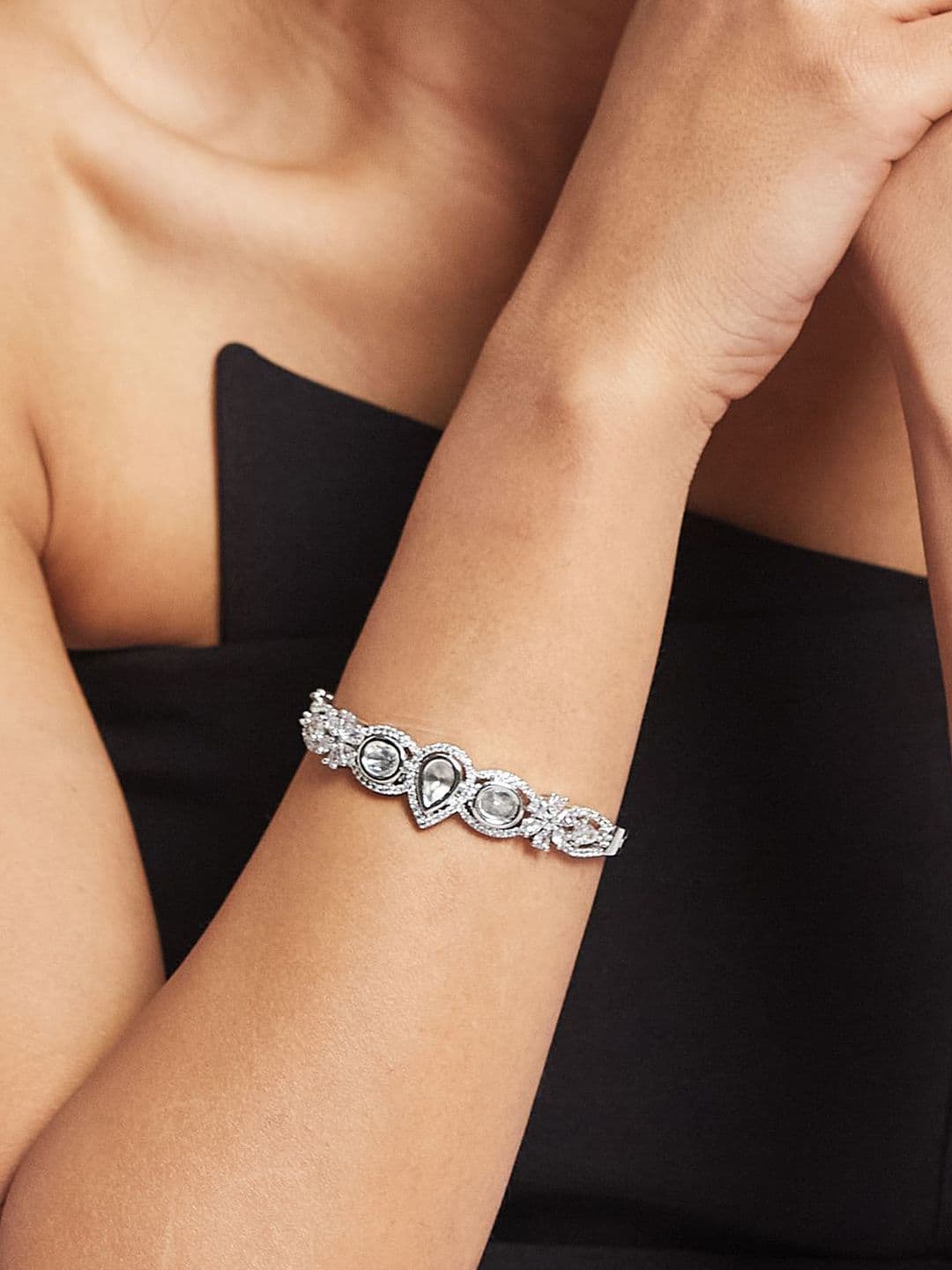 ATIBELLE Women 2 Brass Cubic Zirconia Silver-Plated Bangle-Style Bracelet thumbnail 6