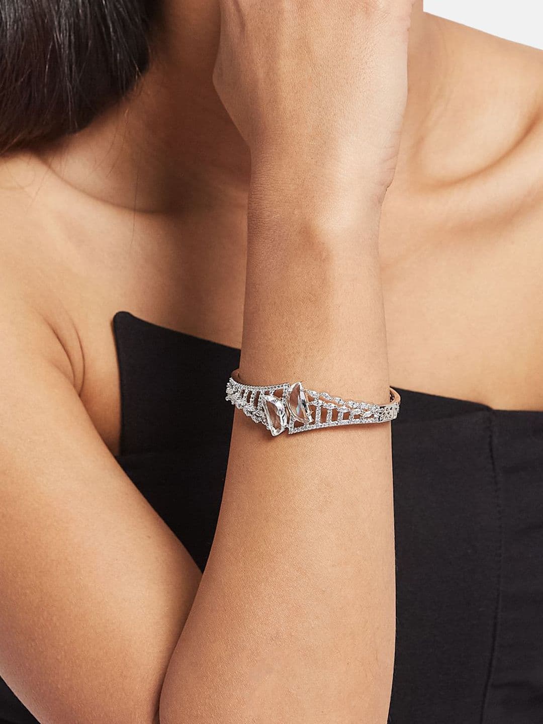 ATIBELLE Women 2 Brass Cubic Zirconia Silver-Plated Link Bracelet thumbnail 7