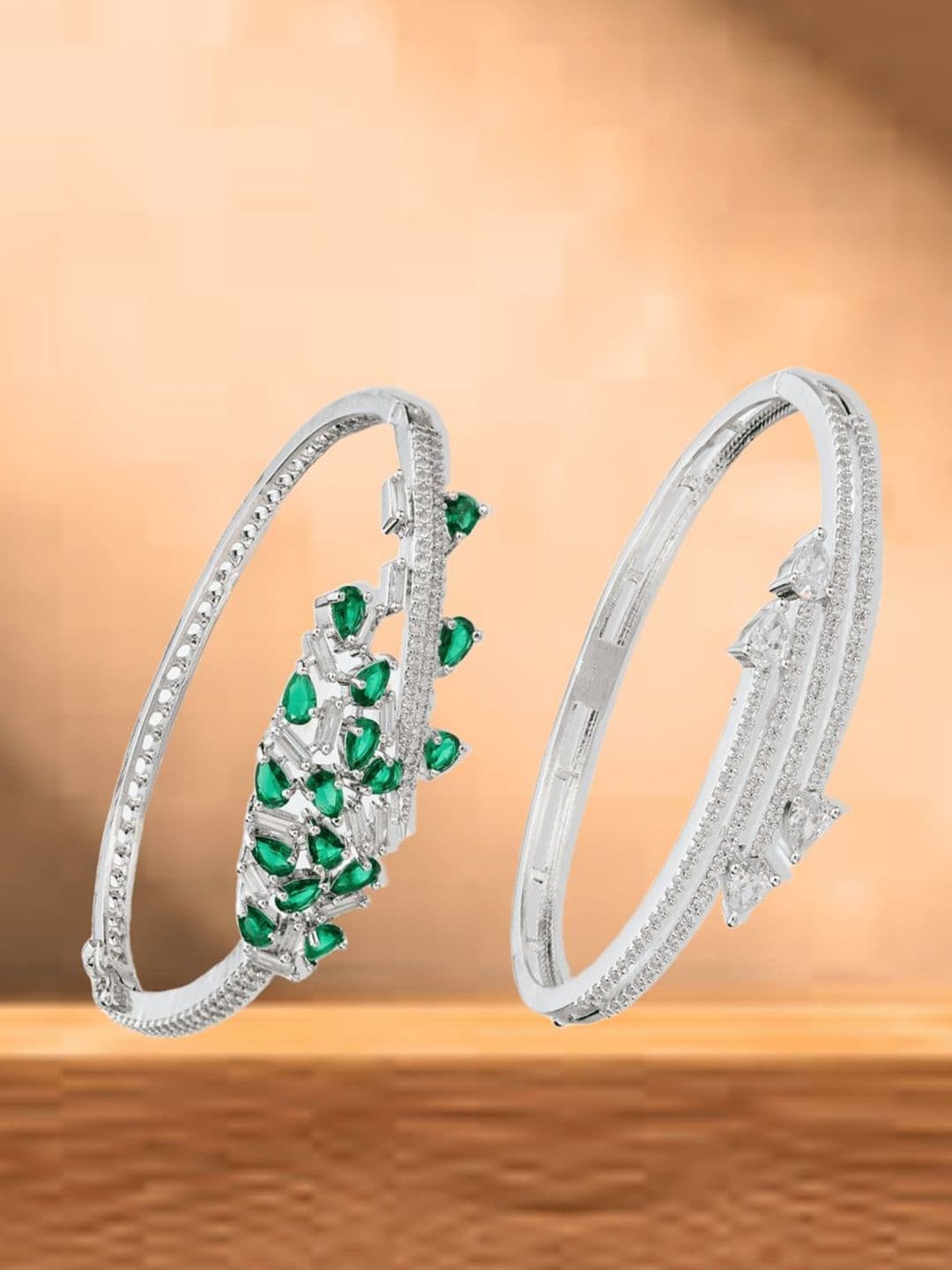 ATIBELLE Women 2 Brass Cubic Zirconia Silver-Plated Bangle-Style Bracelet