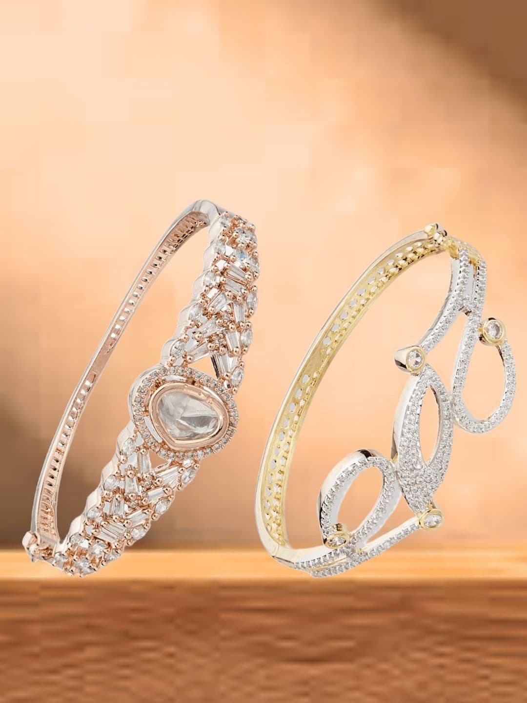 ATIBELLE Women 2 Brass Cubic Zirconia Rose Gold-Plated Bangle-Style Bracelet