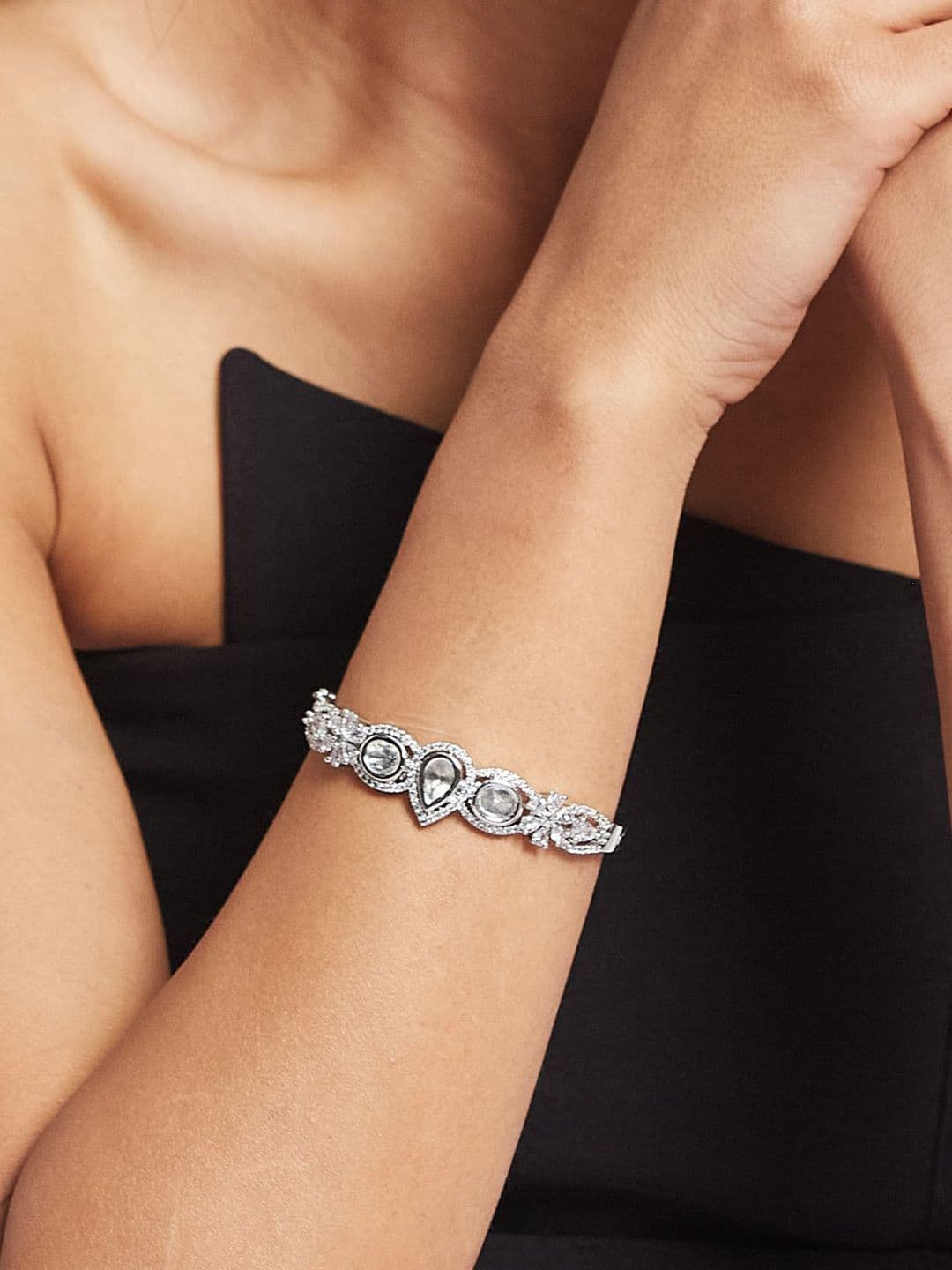 ATIBELLE Women 2 Brass Cubic Zirconia Silver-Plated Link Bracelet thumbnail 7