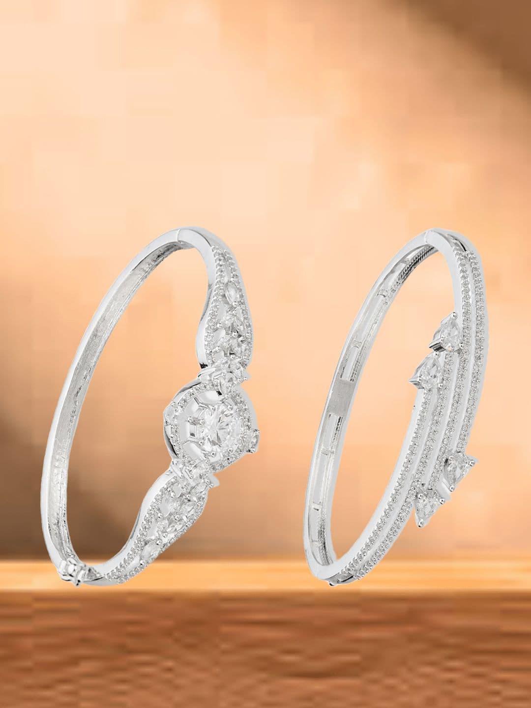 ATIBELLE Women 2 Brass Cubic Zirconia Silver-Plated Bangle-Style Bracelet