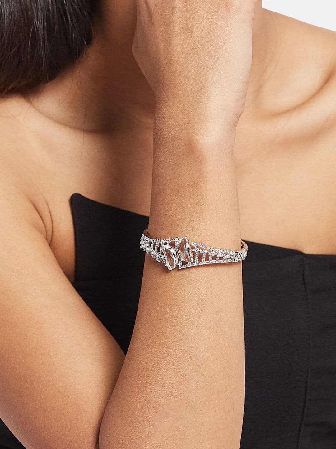 ATIBELLE Women 2 Brass Cubic Zirconia Silver-Plated Link Bracelet thumbnail 6
