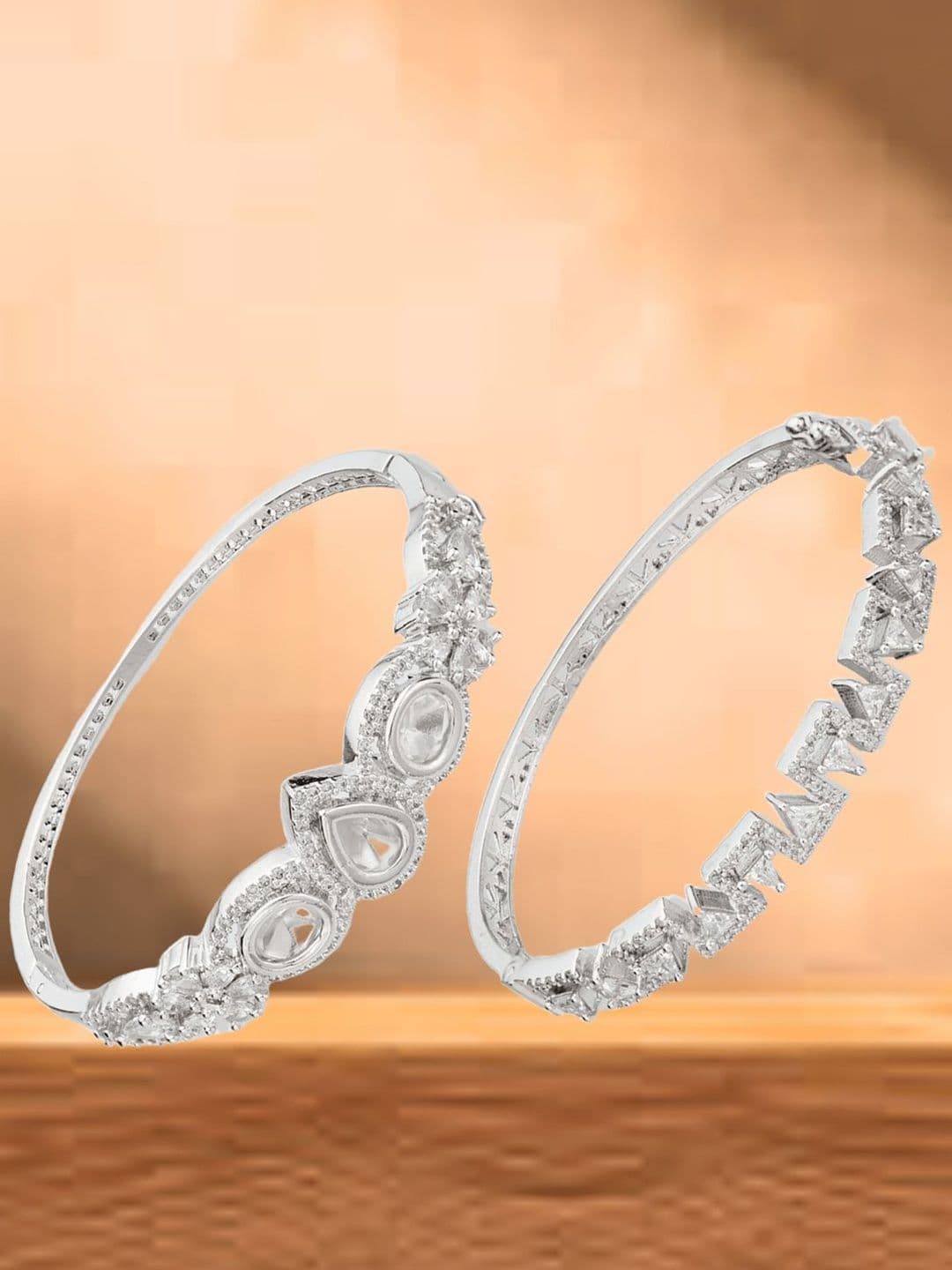 ATIBELLE Women 2 Brass Cubic Zirconia Silver-Plated Bangle-Style Bracelet