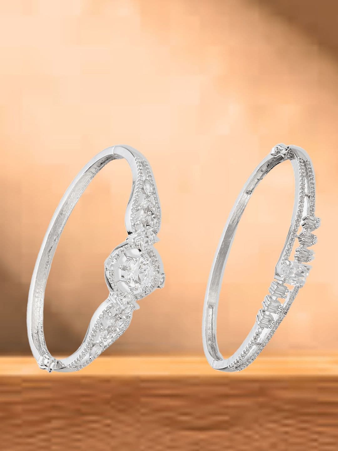 ATIBELLE Women 2 Brass Cubic Zirconia Silver-Plated Bangle-Style Bracelet
