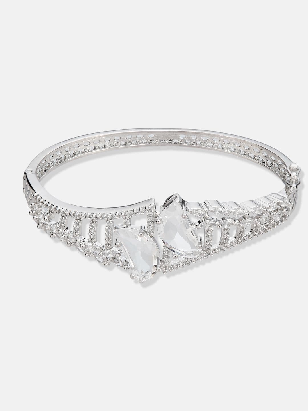 ATIBELLE Women 2 Brass Cubic Zirconia Silver-Plated Cuff Bracelet thumbnail 3