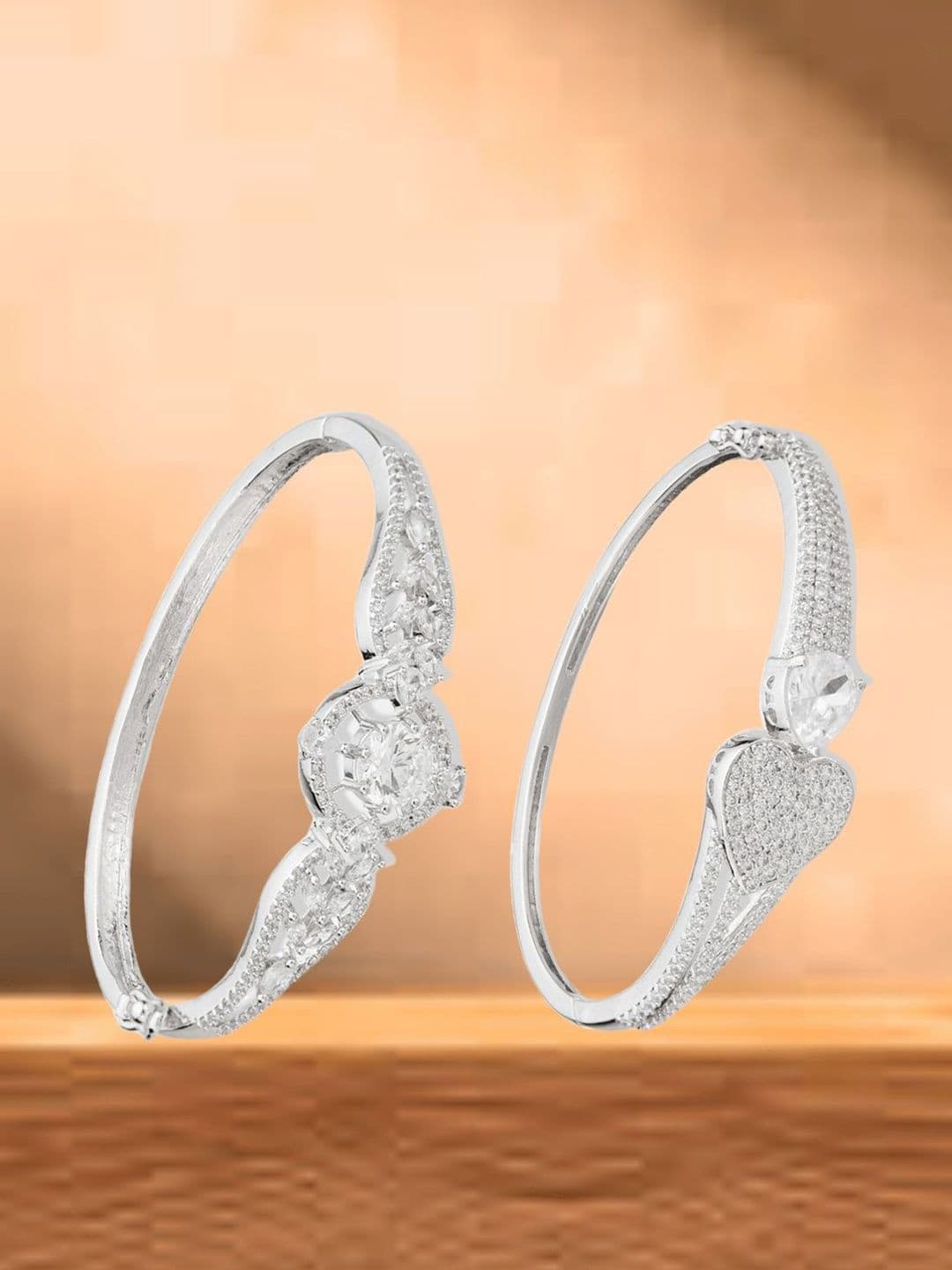 ATIBELLE Women 2 Brass Cubic Zirconia Silver-Plated Bangle-Style Bracelet