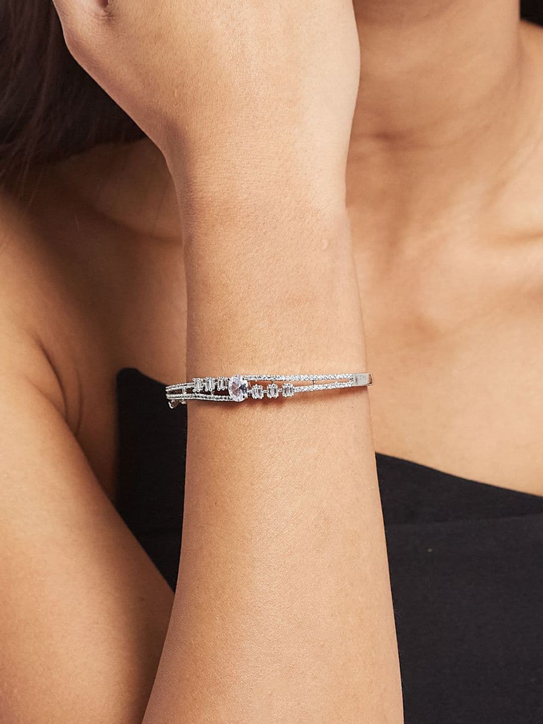 ATIBELLE Women 2 Brass Cubic Zirconia Silver-Plated Cuff Bracelet thumbnail 6