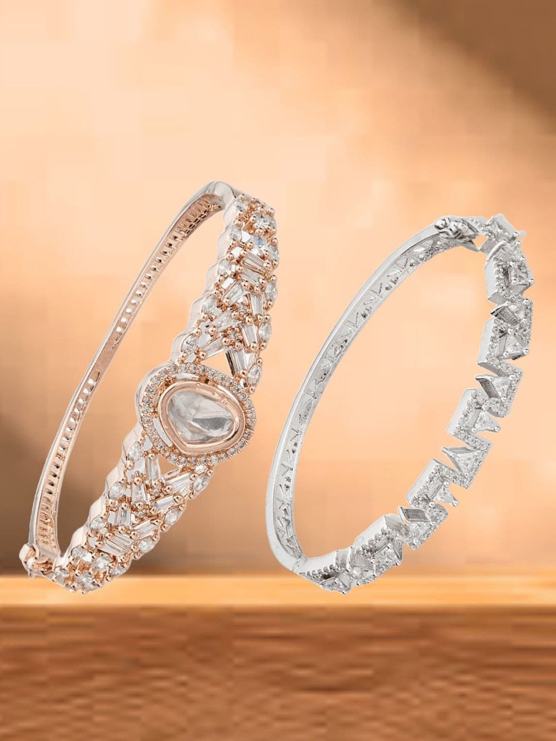 ATIBELLE Women 2 Brass Cubic Zirconia Rose Gold-Plated Bangle-Style Bracelet