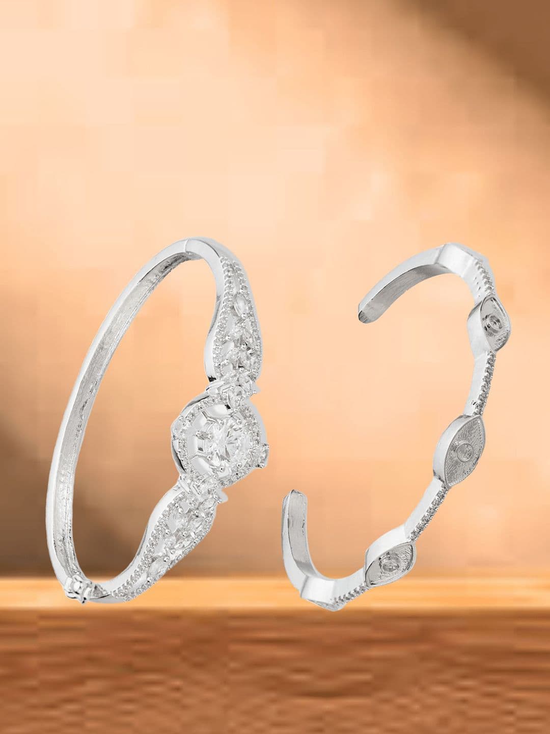 ATIBELLE Women 2 Brass Cubic Zirconia Silver-Plated Bangle-Style Bracelet