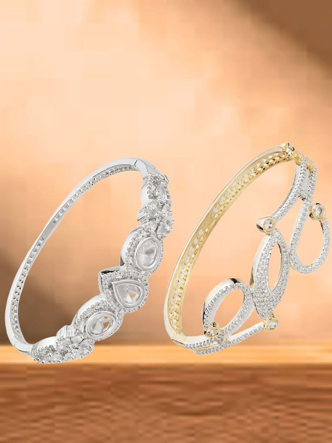ATIBELLE Women 2 Brass Cubic Zirconia Silver-Plated Cuff Bracelet