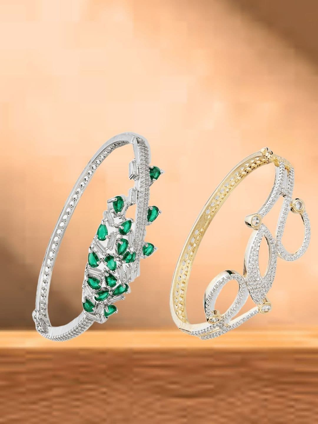 ATIBELLE Women 2 Brass Cubic Zirconia Silver-Plated Cuff Bracelet