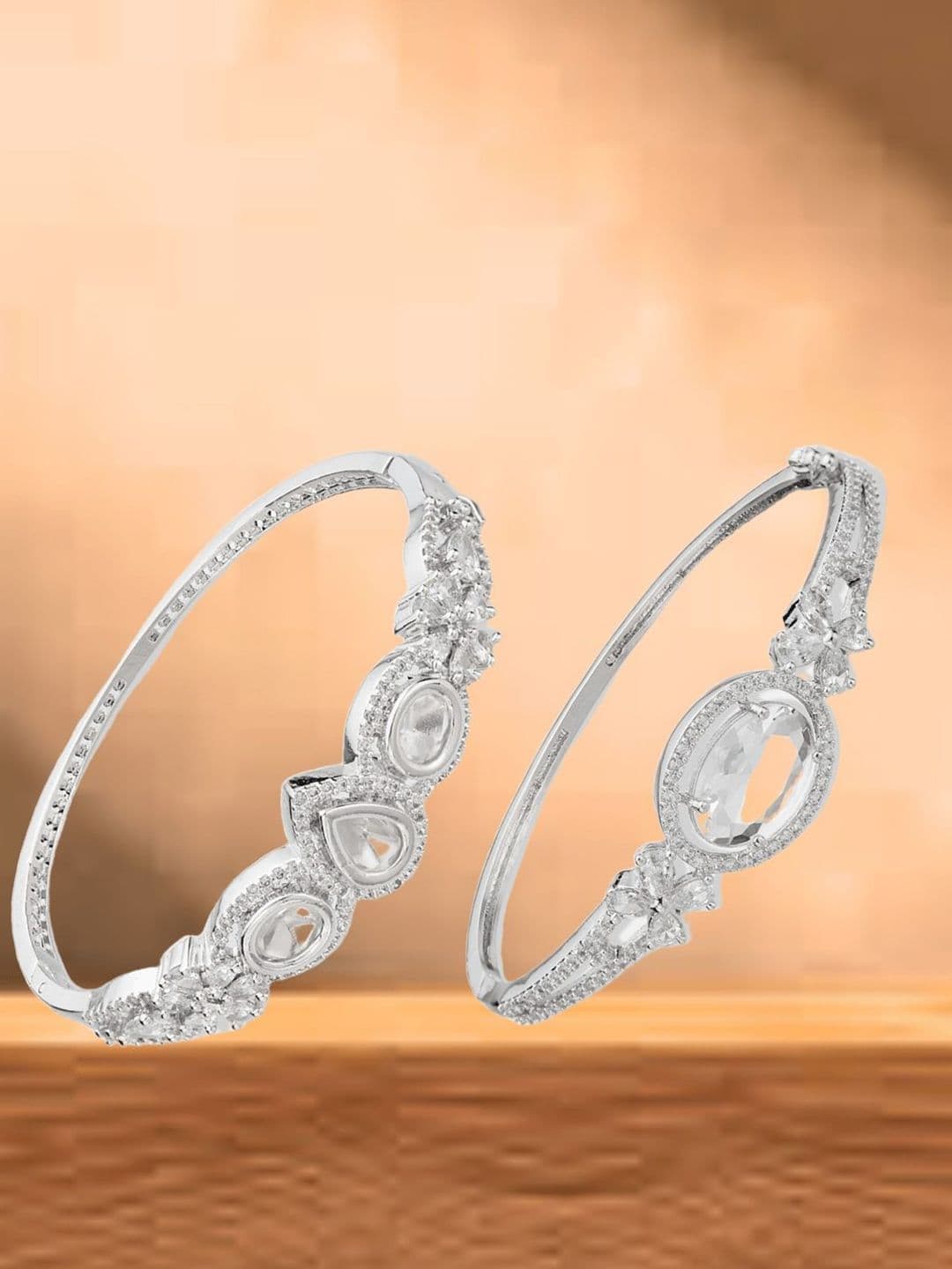 ATIBELLE Women 2 Brass Cubic Zirconia Silver-Plated Bangle-Style Bracelet