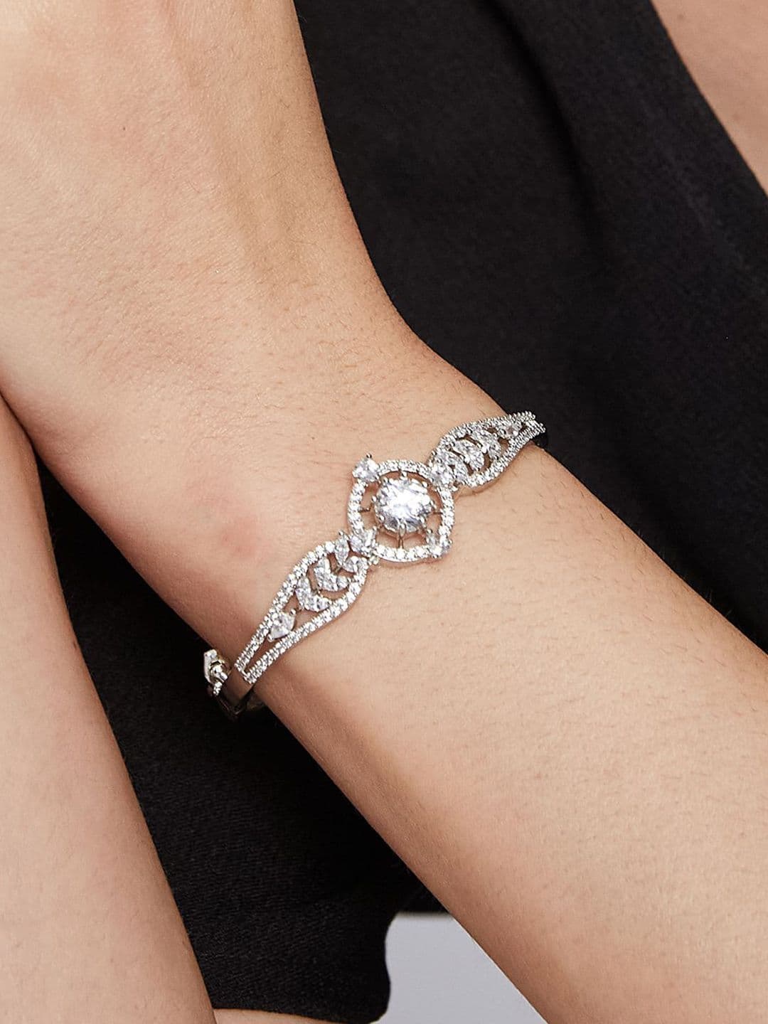 ATIBELLE Women 2 Brass Cubic Zirconia Silver-Plated Bangle-Style Bracelet thumbnail 6