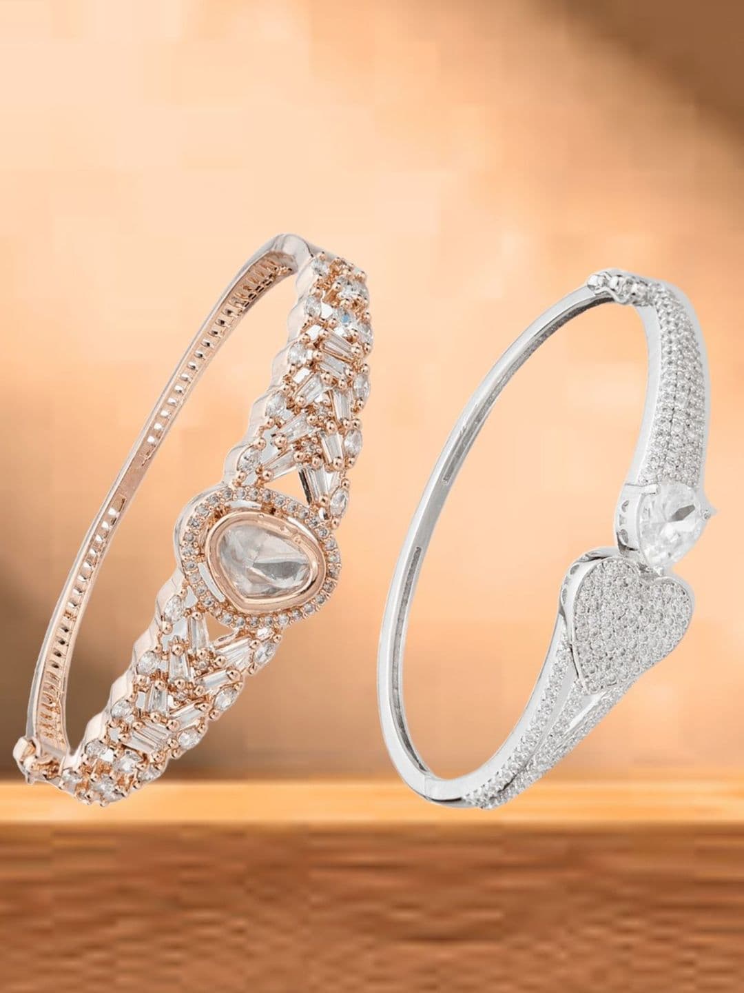 ATIBELLE Women 2 Brass Cubic Zirconia Rose Gold-Plated Bangle-Style Bracelet