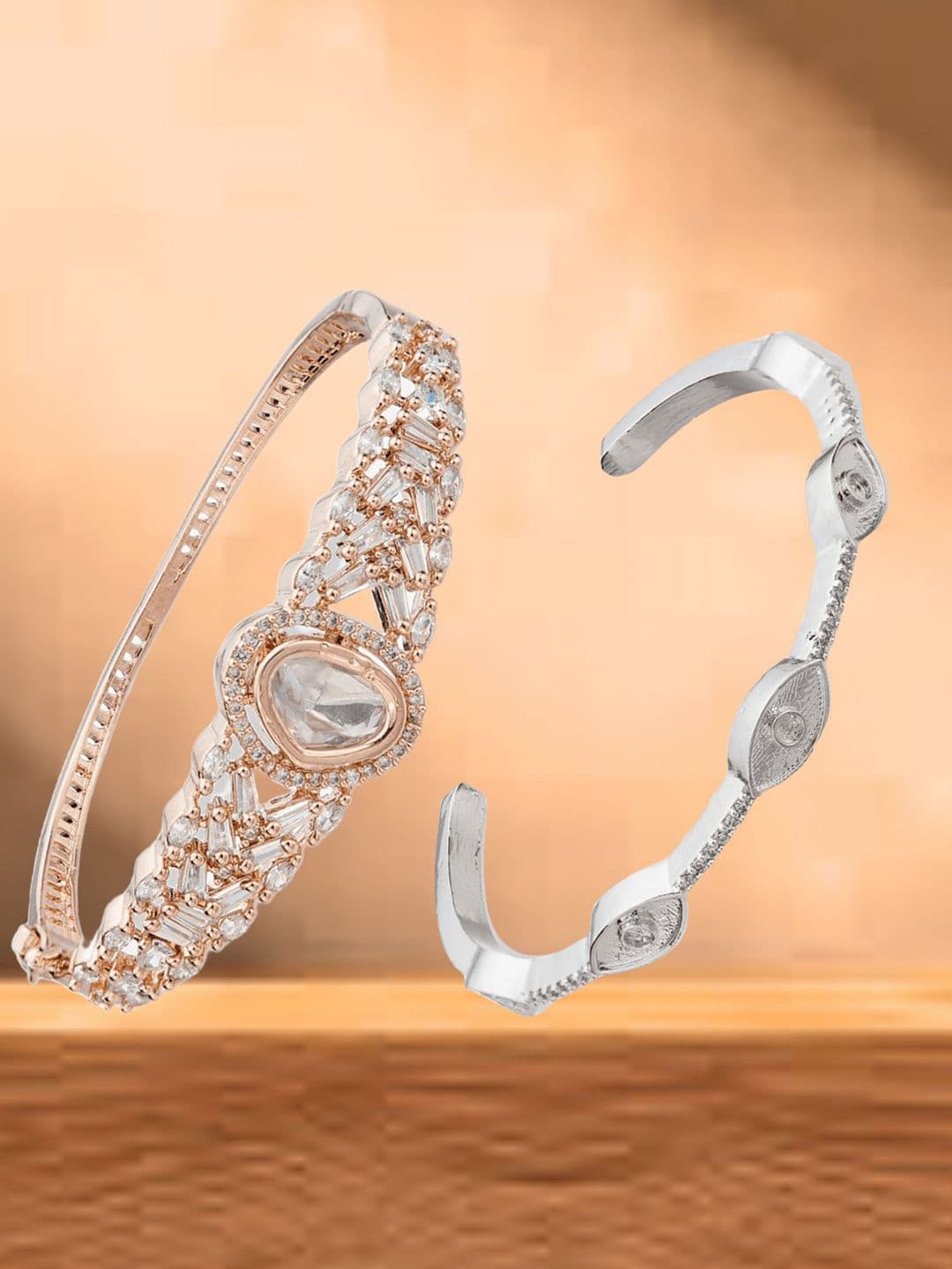 ATIBELLE Women 2 Brass Cubic Zirconia Rose Gold-Plated Cuff Bracelet