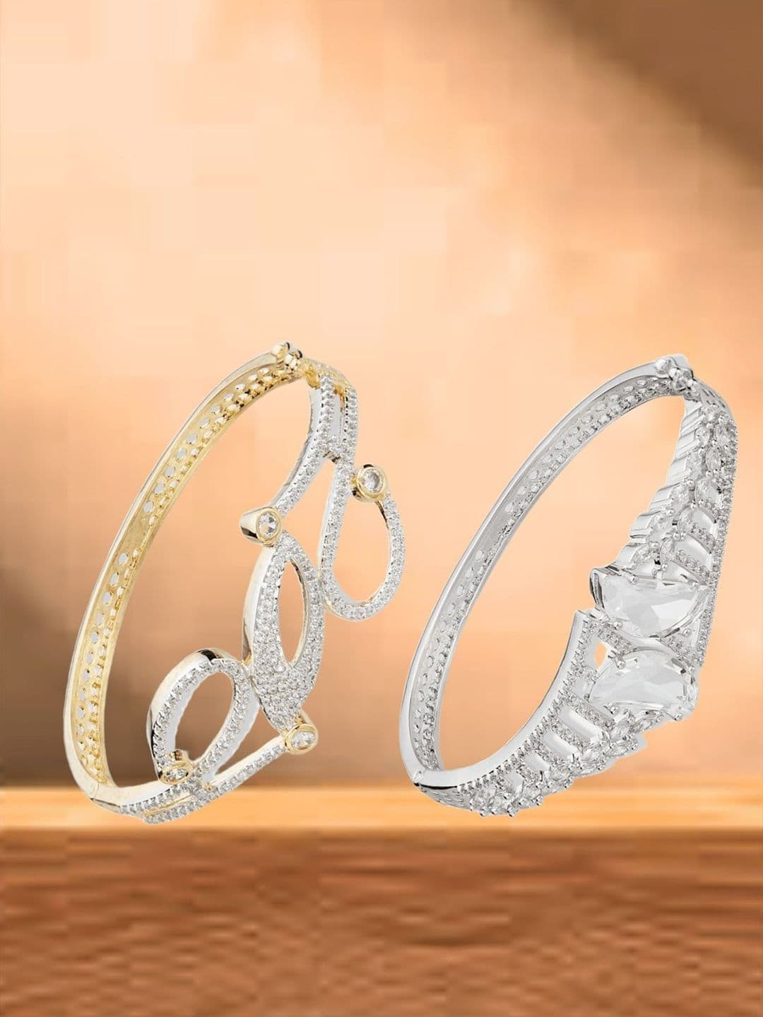 ATIBELLE Women 2 Brass Cubic Zirconia Silver-Plated Cuff Bracelet