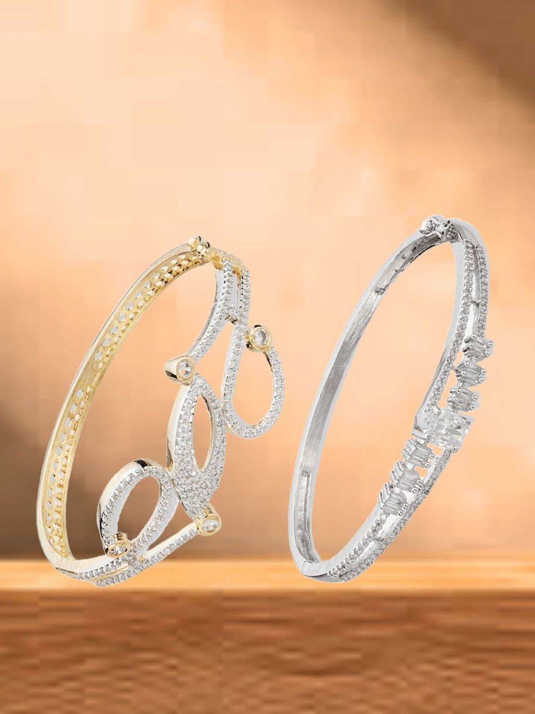 ATIBELLE Women 2 Brass Cubic Zirconia Silver-Plated Bangle-Style Bracelet