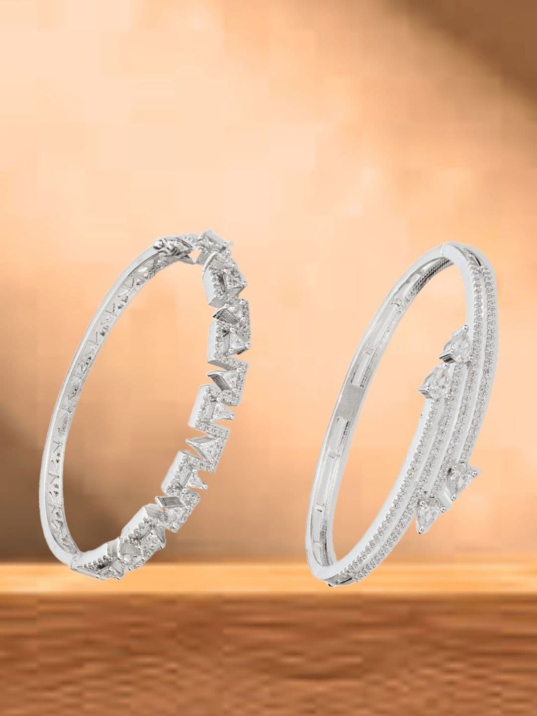 ATIBELLE Women 2 Brass Cubic Zirconia Silver-Plated Bangle-Style Bracelet