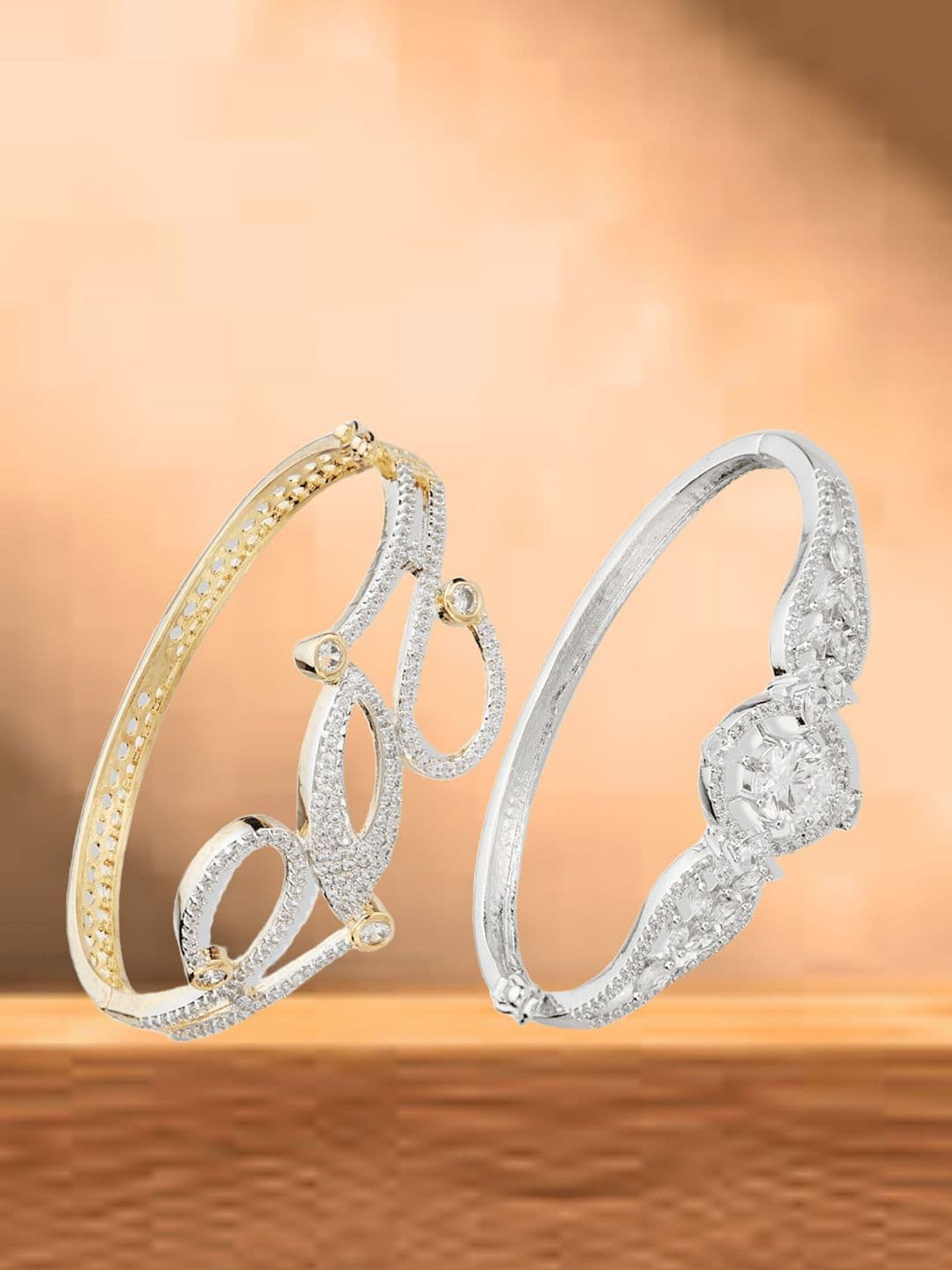 ATIBELLE Women 2 Brass Cubic Zirconia Silver-Plated Cuff Bracelet
