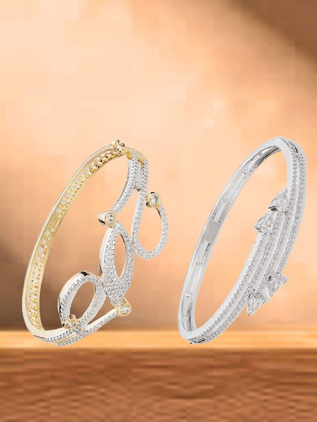 ATIBELLE Women 2 Brass Cubic Zirconia Silver-Plated Bangle-Style Bracelet