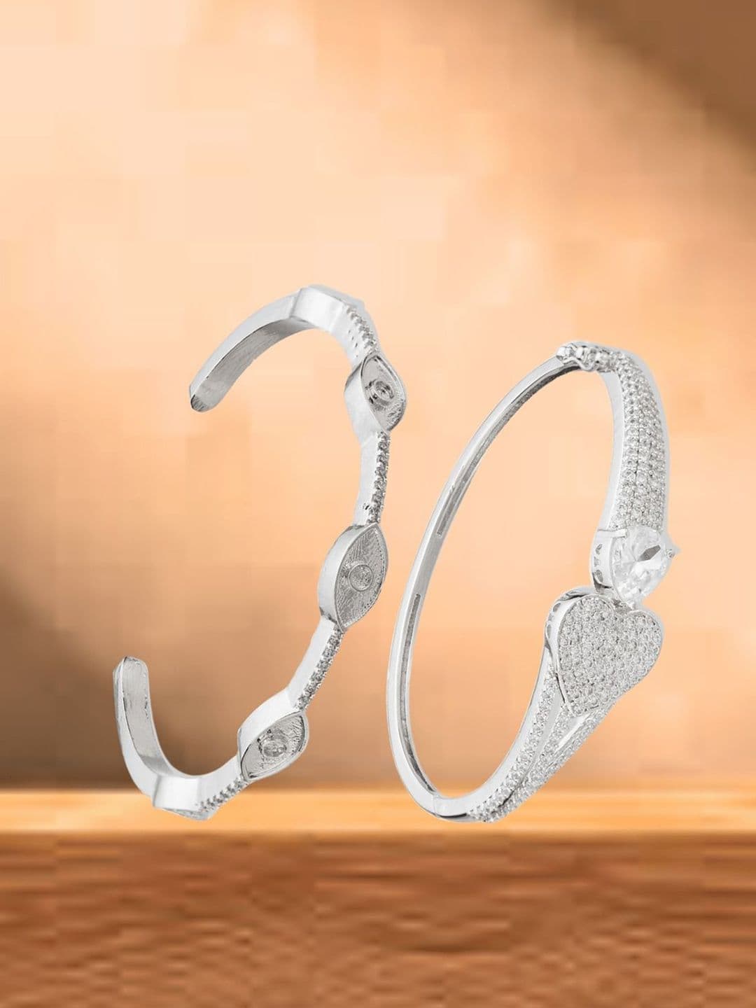 ATIBELLE Women 2 Brass Cubic Zirconia Silver-Plated Bangle-Style Bracelet