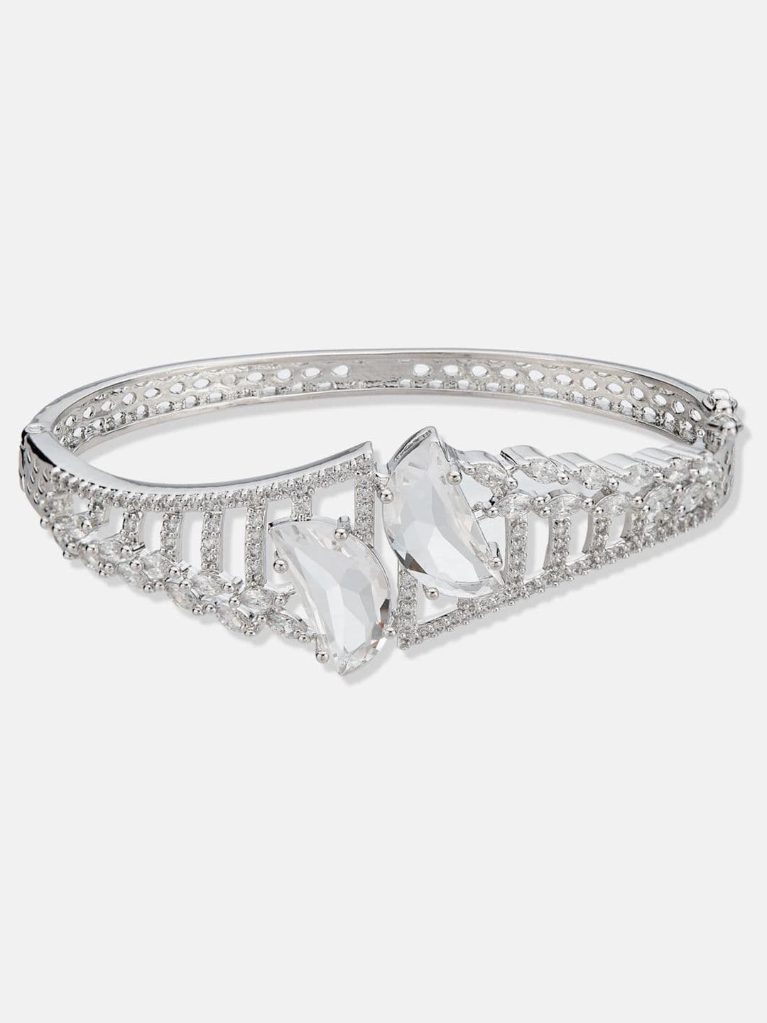 ATIBELLE Women 2 Brass Cubic Zirconia Silver-Plated Cuff Bracelet thumbnail 3