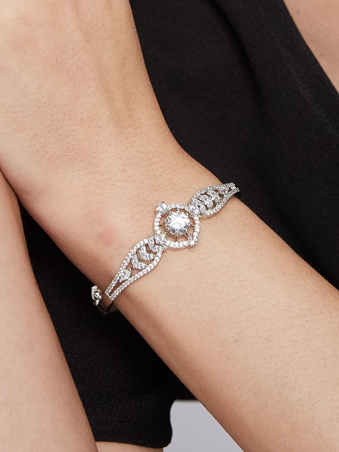 ATIBELLE Women 2 Brass Cubic Zirconia Silver-Plated Bangle-Style Bracelet thumbnail 6