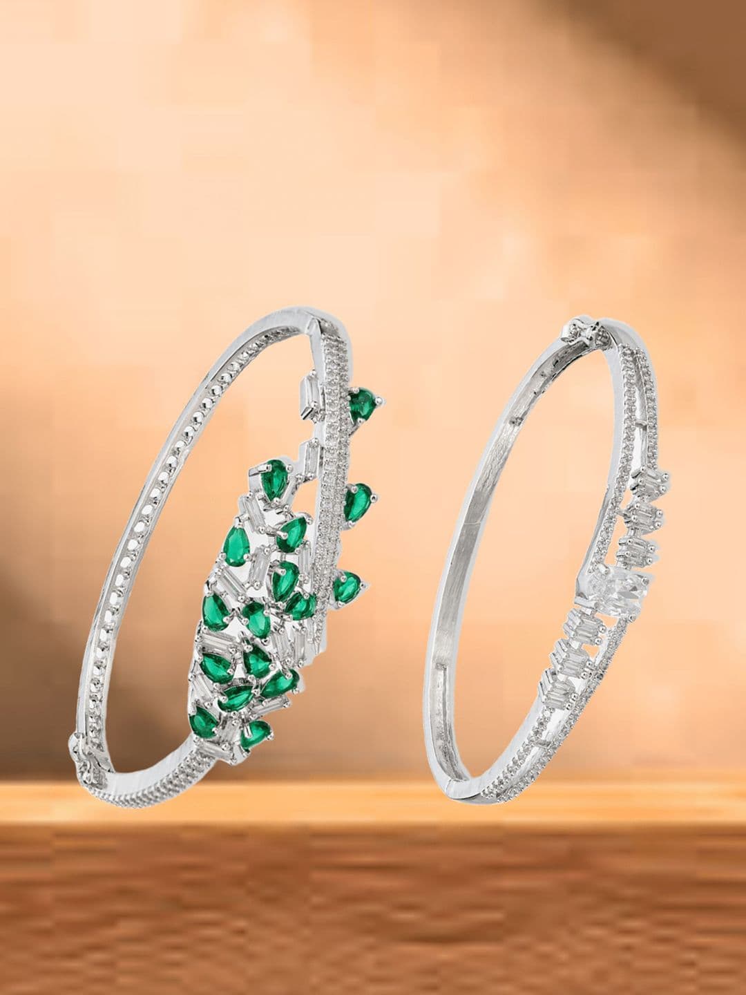 ATIBELLE Women 2 Brass Cubic Zirconia Silver-Plated Bangle-Style Bracelet