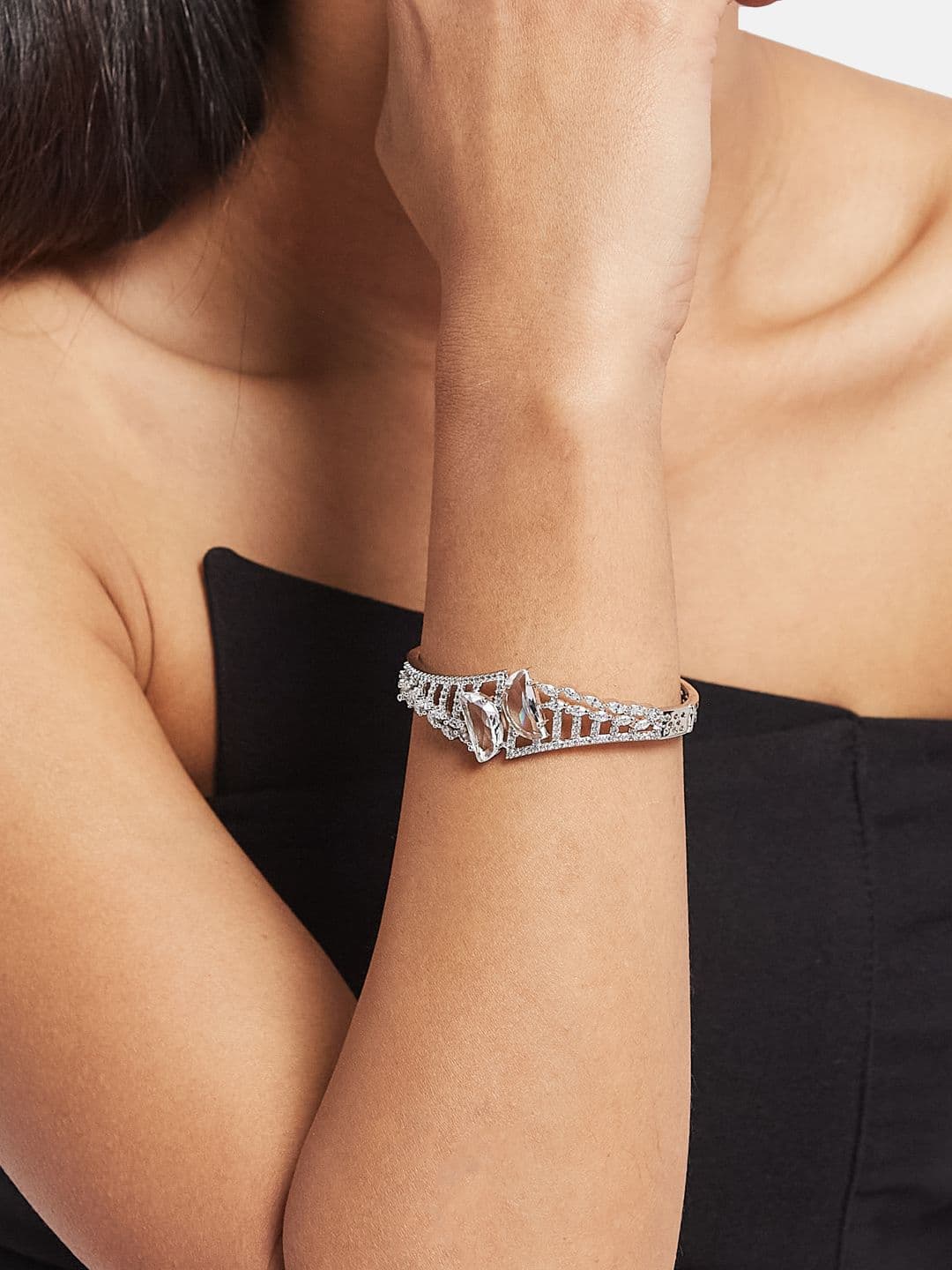 ATIBELLE Women 2 Brass Cubic Zirconia Silver-Plated Cuff Bracelet thumbnail 4