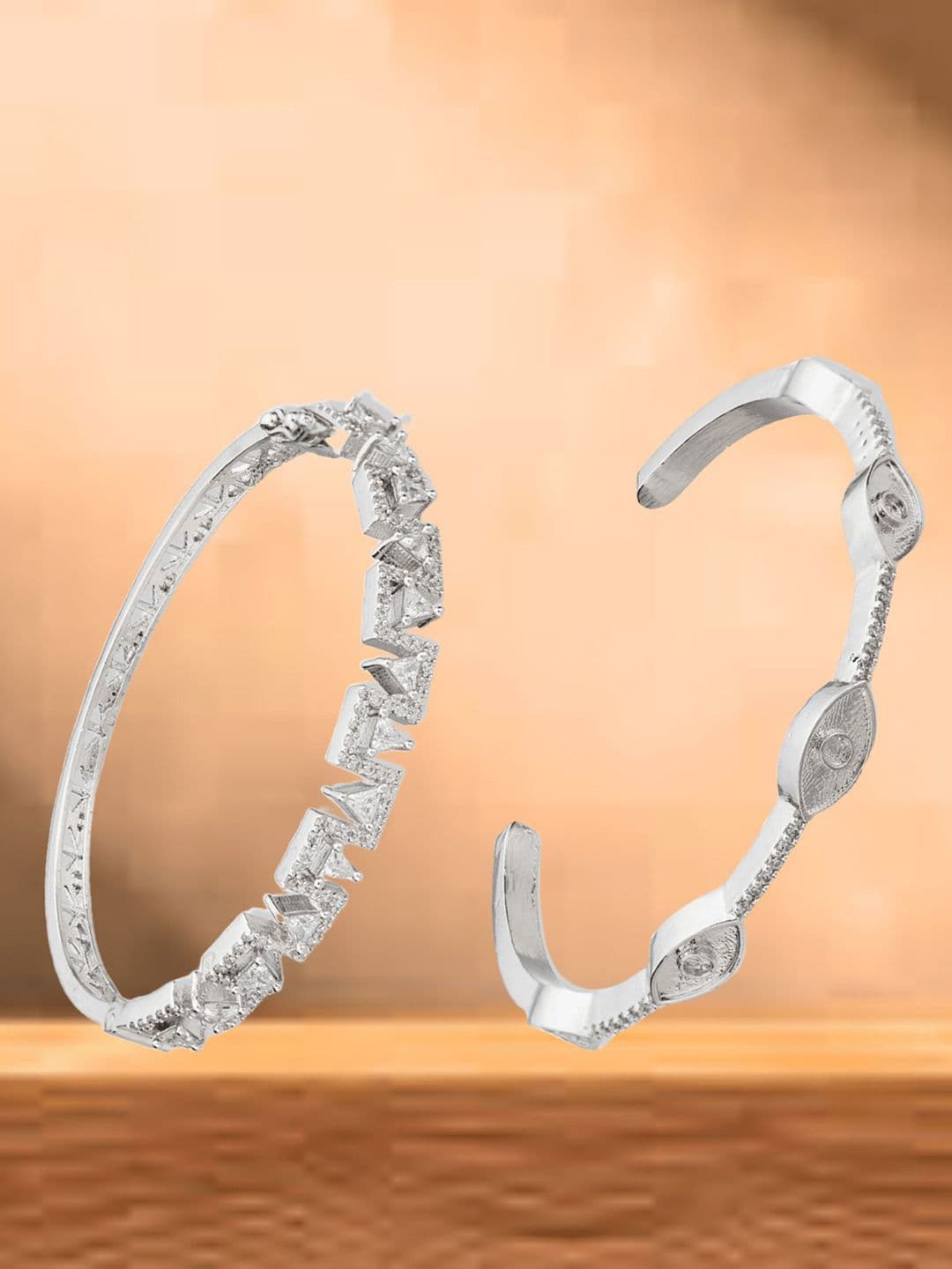 ATIBELLE Women 2 Brass Cubic Zirconia Silver-Plated Bangle-Style Bracelet