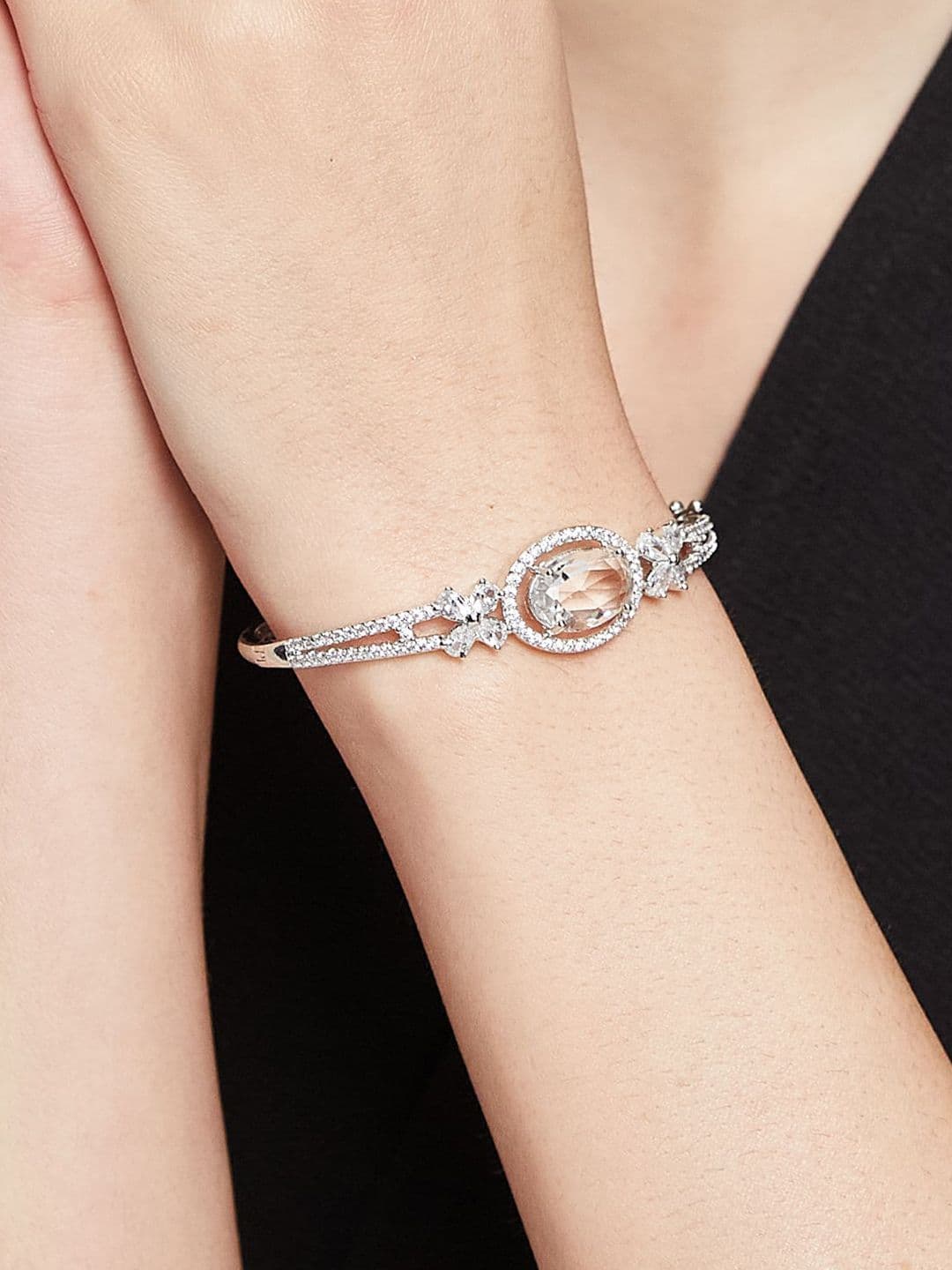 ATIBELLE Women 2 Brass Cubic Zirconia Silver-Plated Bangle-Style Bracelet thumbnail 6