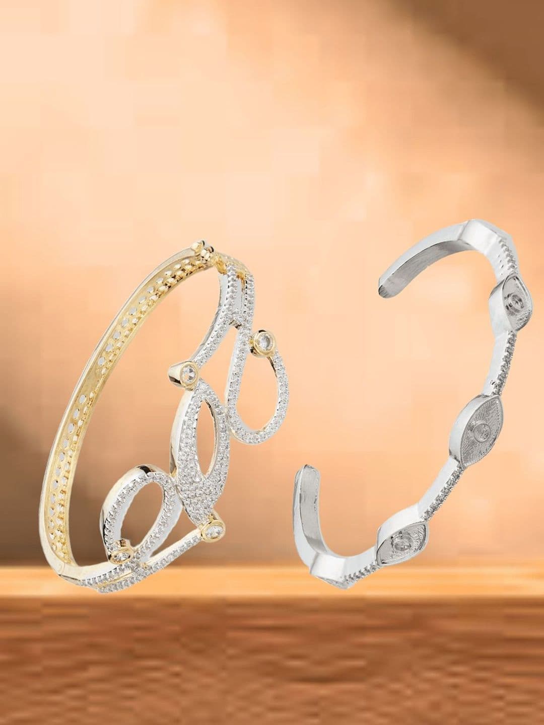ATIBELLE Women 2 Brass Cubic Zirconia Silver-Plated Cuff Bracelet