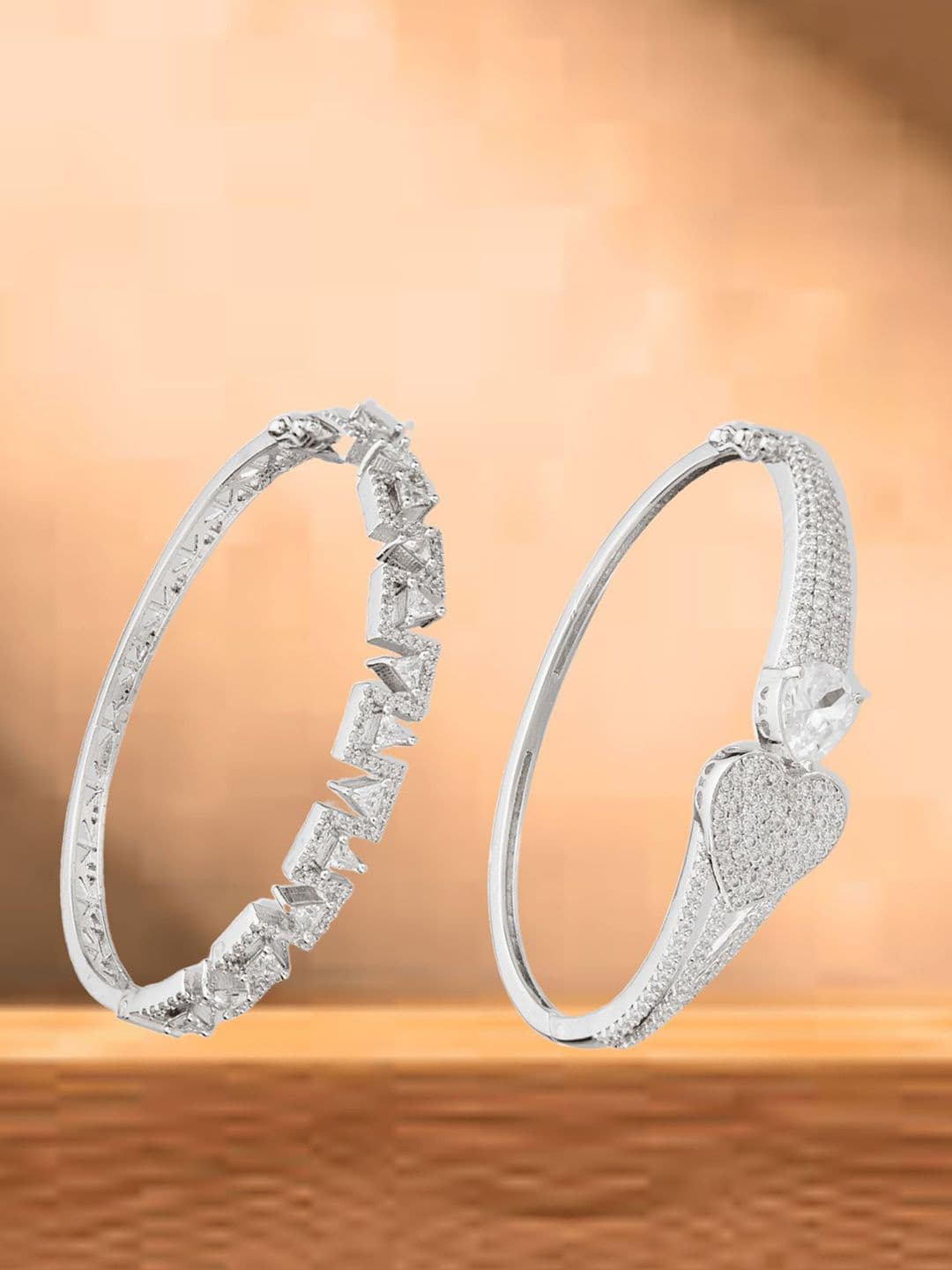 ATIBELLE Women 2 Brass Cubic Zirconia Silver-Plated Bangle-Style Bracelet