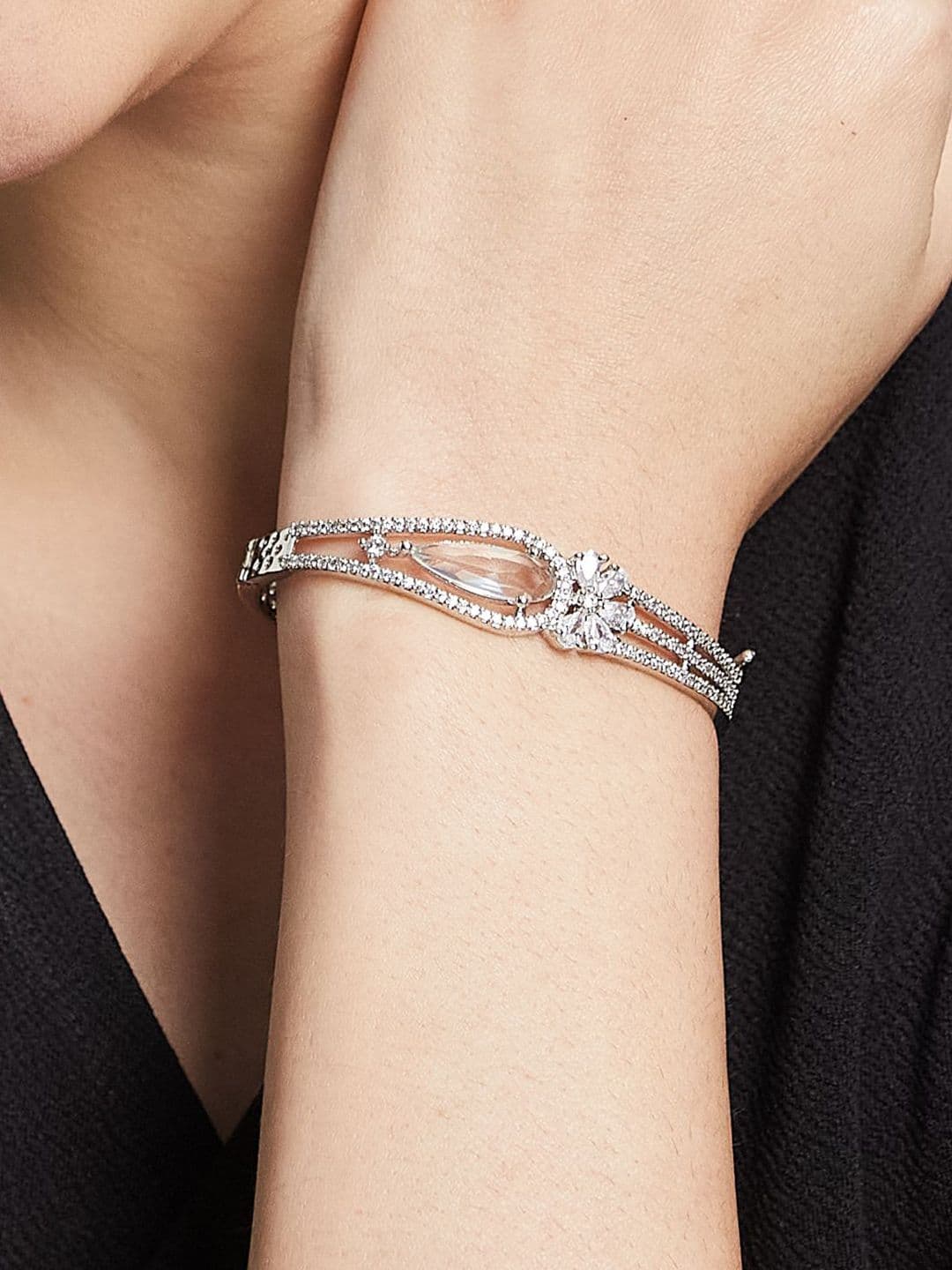 ATIBELLE Women 2 Brass Cubic Zirconia Silver-Plated Bangle-Style Bracelet thumbnail 6