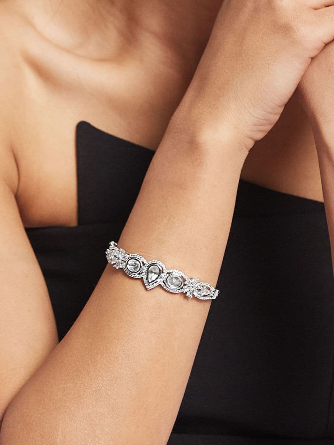 ATIBELLE Women 2 Brass Cubic Zirconia Silver-Plated Bangle-Style Bracelet thumbnail 7