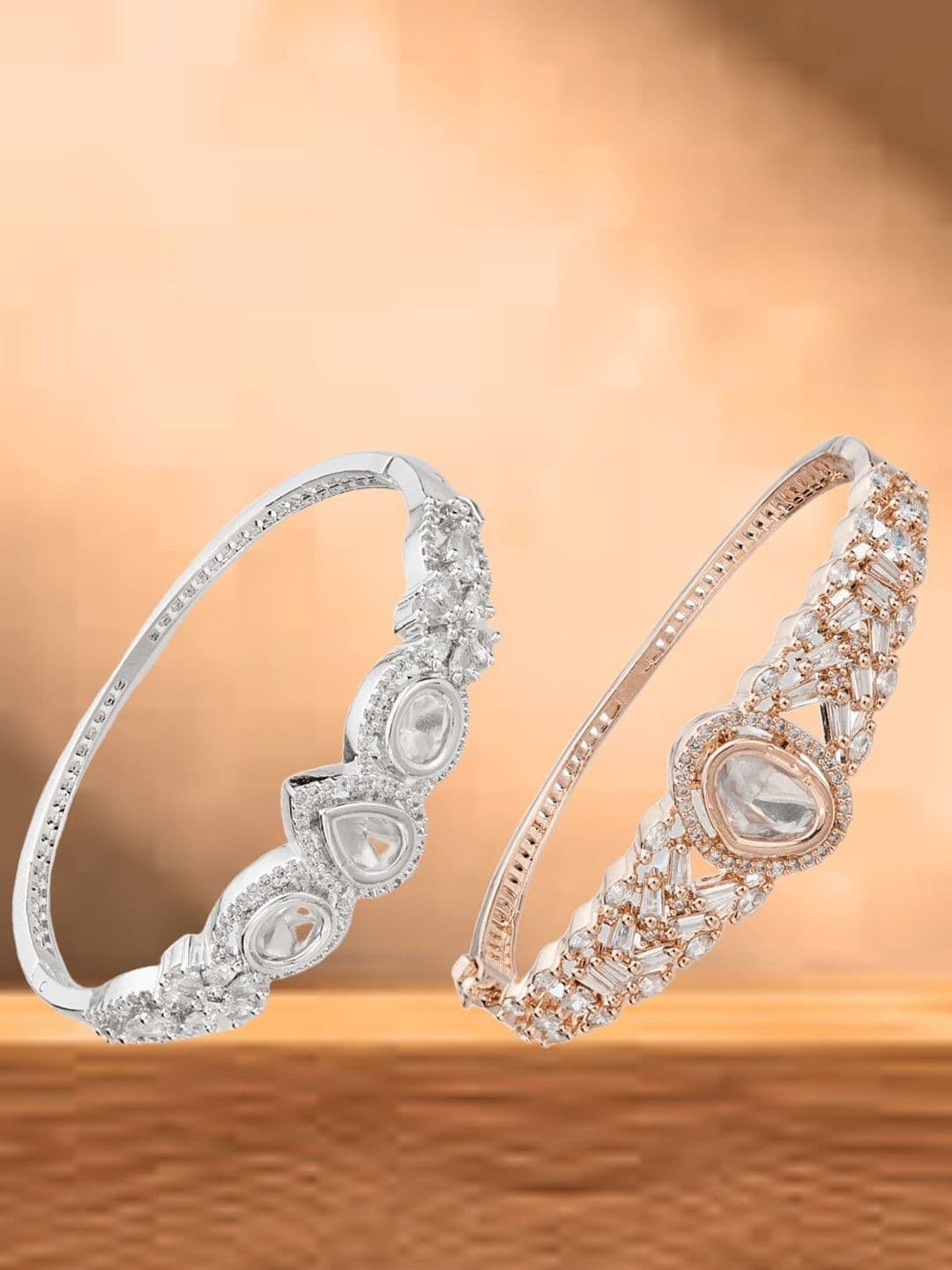 ATIBELLE Women 2 Brass Cubic Zirconia Rose Gold-Plated Bangle-Style Bracelet