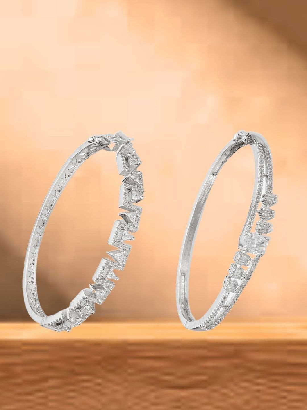 ATIBELLE Women 2 Brass Cubic Zirconia Silver-Plated Bangle-Style Bracelet