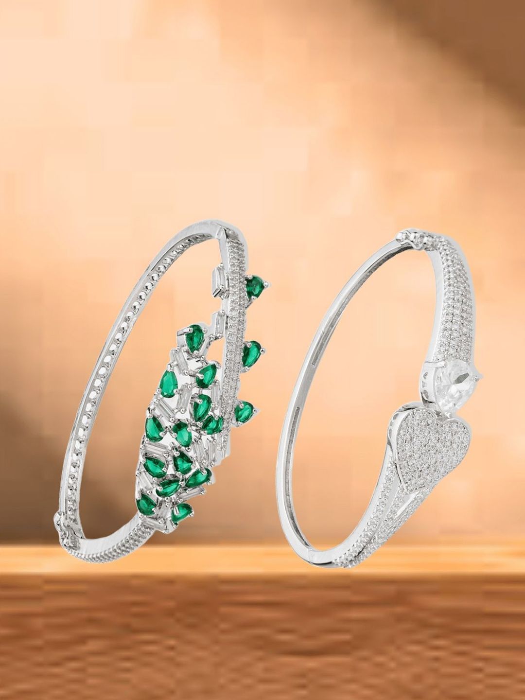 ATIBELLE Women 2 Brass Cubic Zirconia Silver-Plated Cuff Bracelet