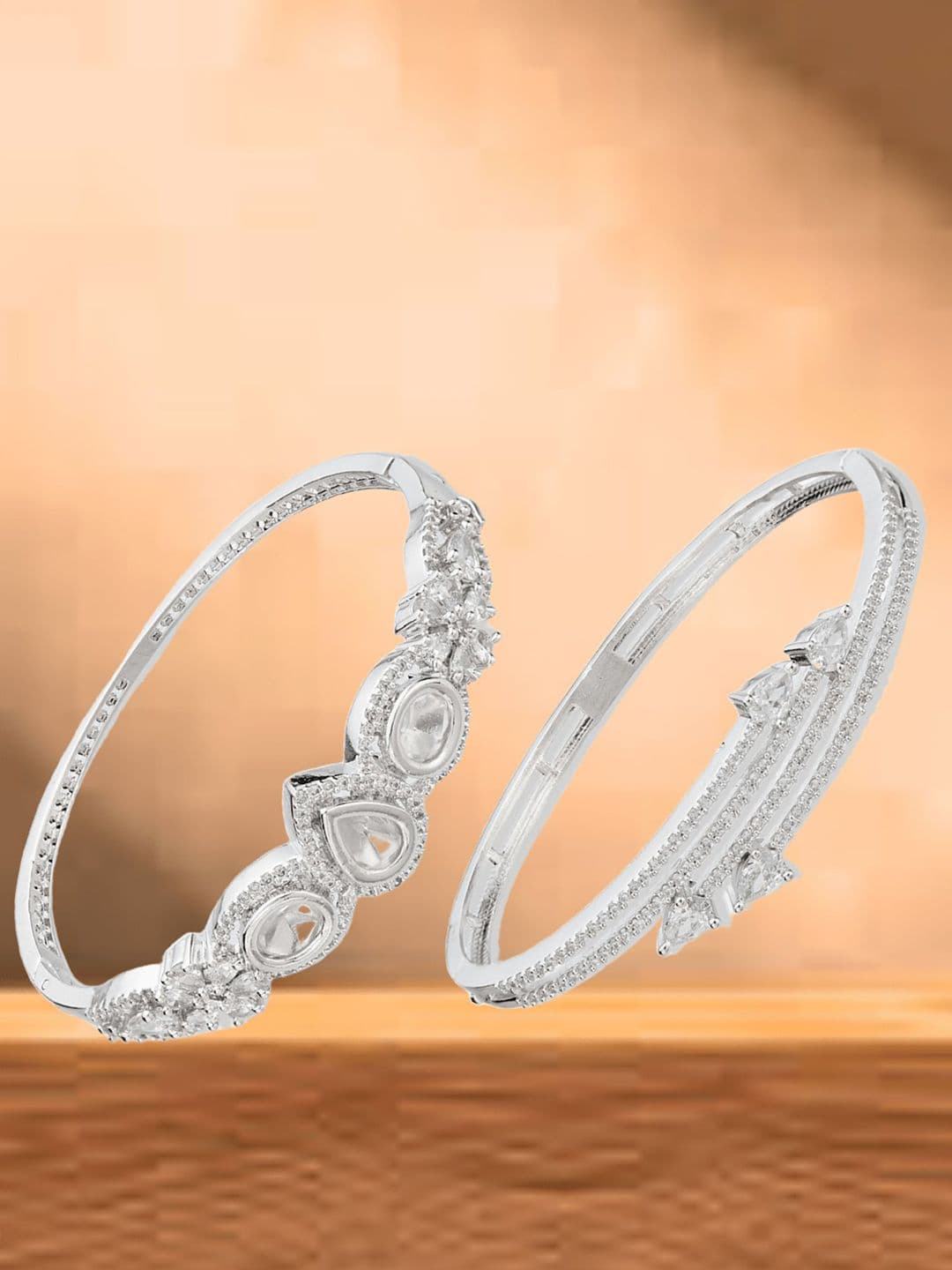 ATIBELLE Women 2 Brass Cubic Zirconia Silver-Plated Bangle-Style Bracelet