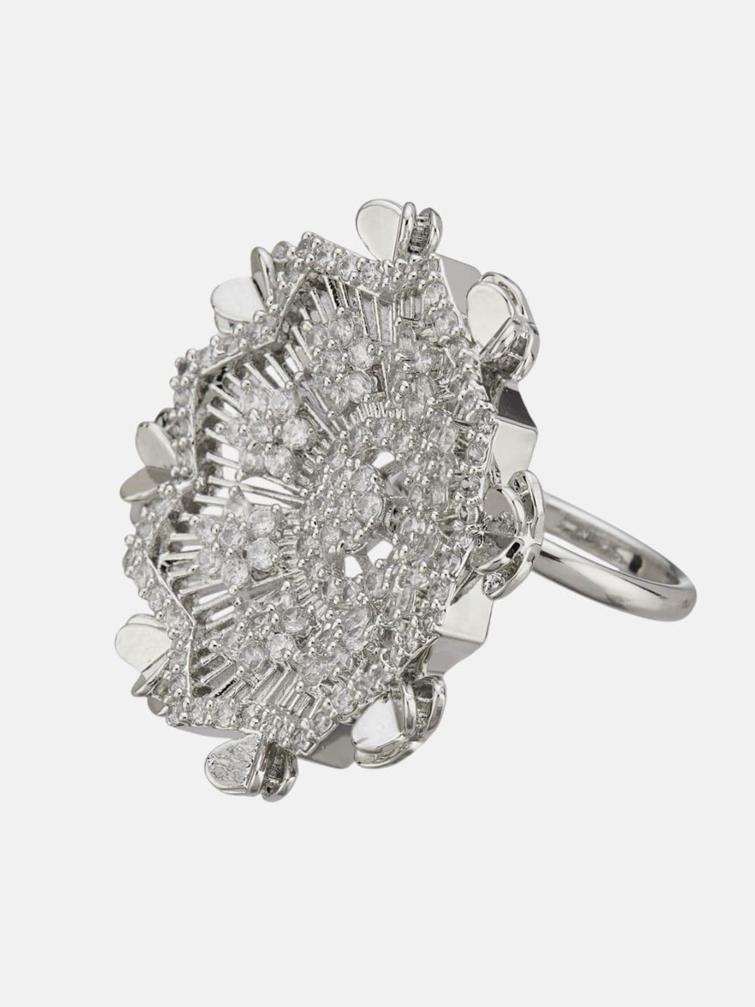 ATIBELLE Set Of 2 Silver-Plated Cubic Zirconia Studded Floral-Shaped Finger Rings thumbnail 3