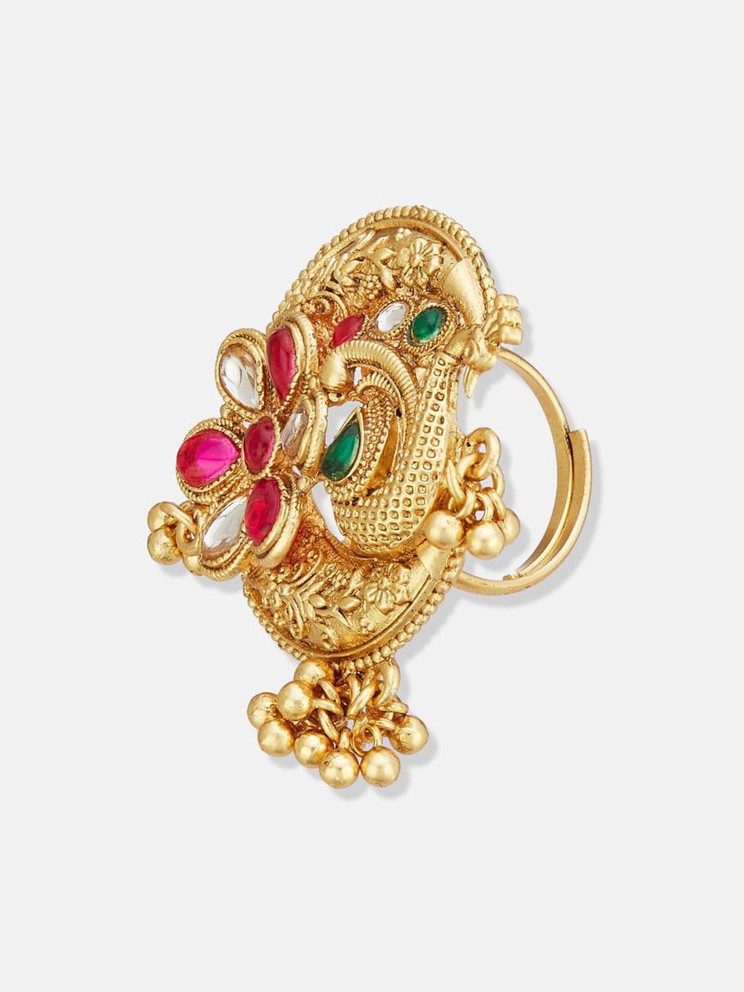 ATIBELLE Set Of 2 Gold-Plated Stone Studded & Beaded Peacock Shaped Finger Rings thumbnail 5