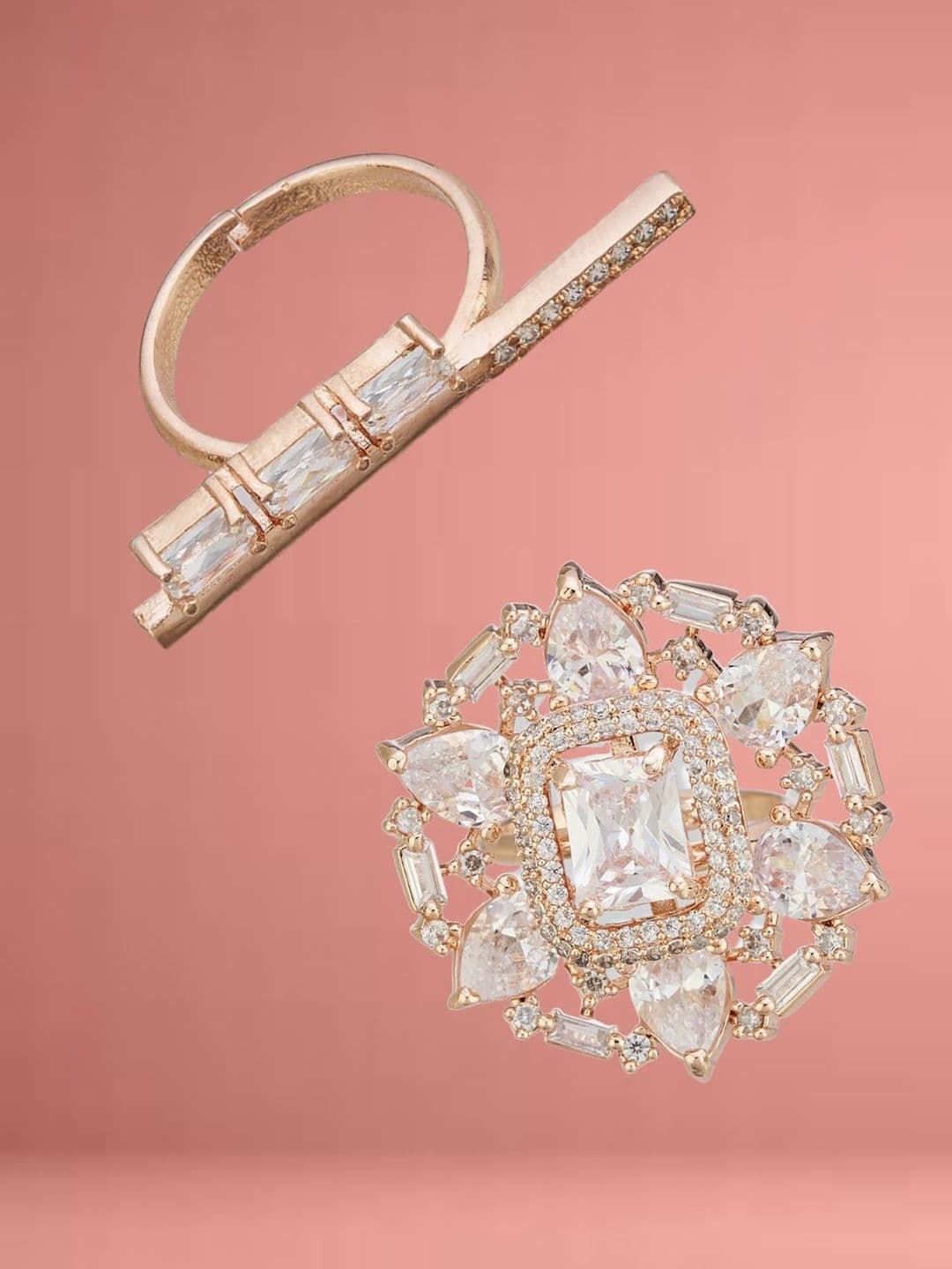 ATIBELLE Set Of 2 Rose Gold-Plated Cubic Zirconia Studded Fusion Finger Ring
