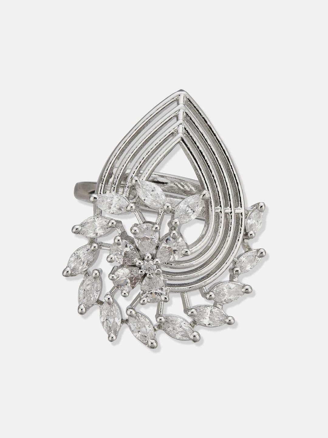 ATIBELLE Set Of 2 Silver-Plated Cubic Zirconia Studded Fusion Finger Rings thumbnail 3